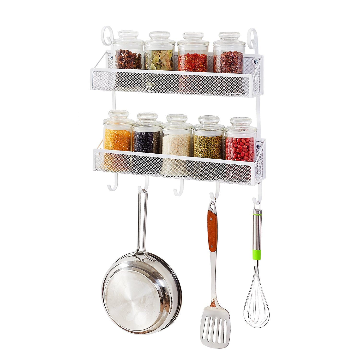ProAid Spice Rack Organizer 2 Tier Wall Mounted Spice Storage, Pan and Pot Organizer Kitchen Shelf with 5 Hooks, White