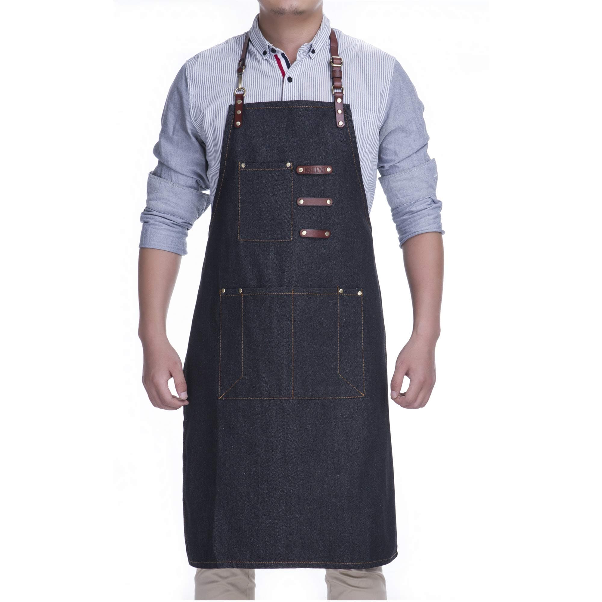 Multifunctional Apron, S-XXL Multi-Tool Apron, Black Denim Fabric, Real Calfskin, Workshop, Coffee, Studio, Restaurant, Hairdresser, Machine Tool, Various Industrial Aprons