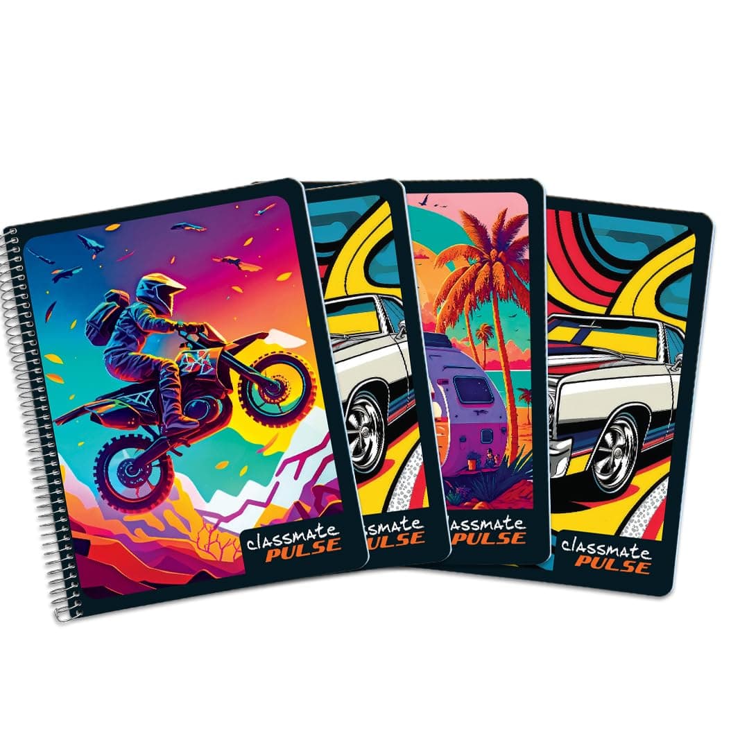 Classmate Pulse Single Subject Spiral Notebook - Pack of 4 | Single Line | 180 Pages | 24.0cm x 18.0cm | Attractive Cover Designs | Soft Cover | Notebooks for College Students