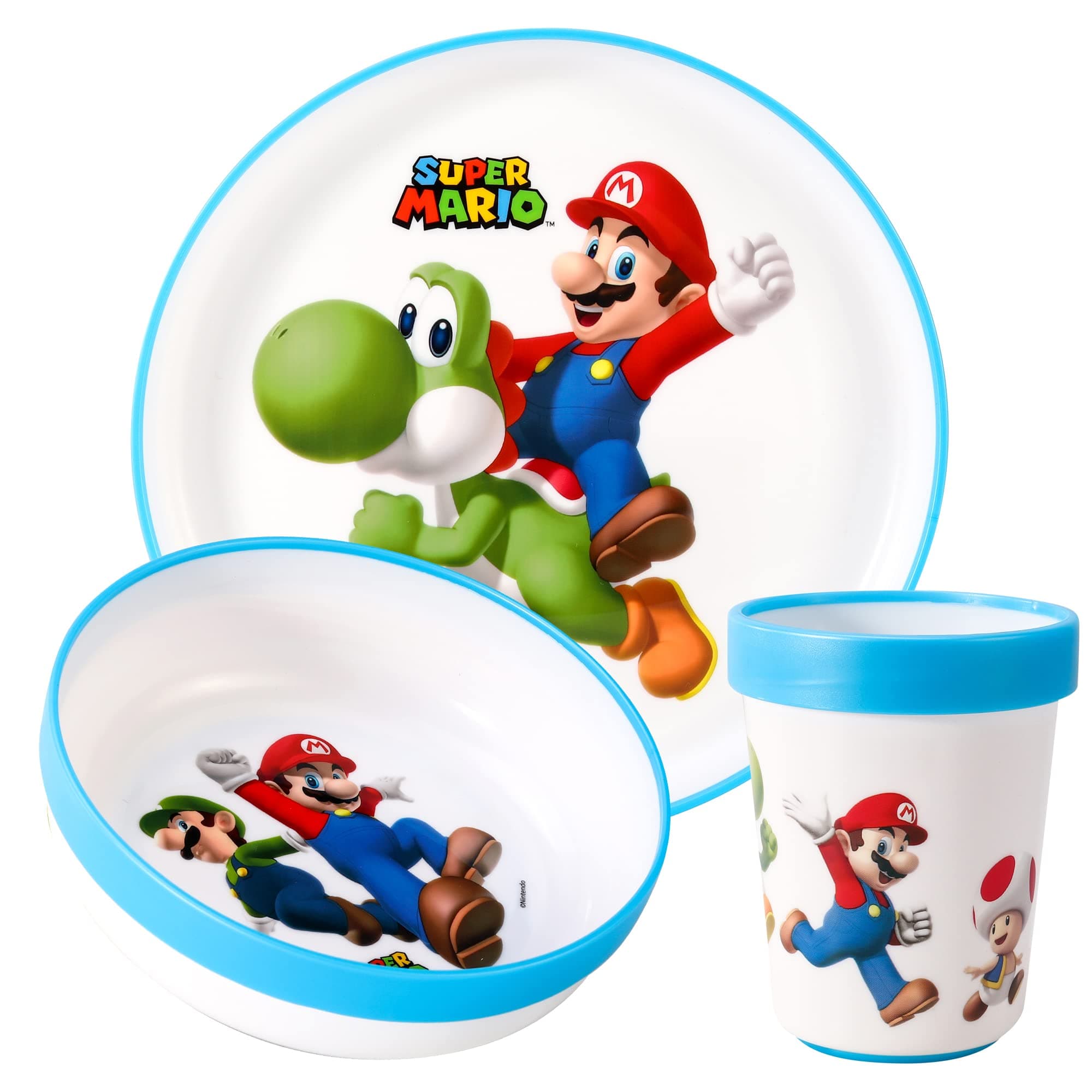 Zawadi Global Super Mario 3pcs Reusable Bicolor Premium Kids Dinner Tableware Set Plate, Bowl & Tumbler, BPA Free