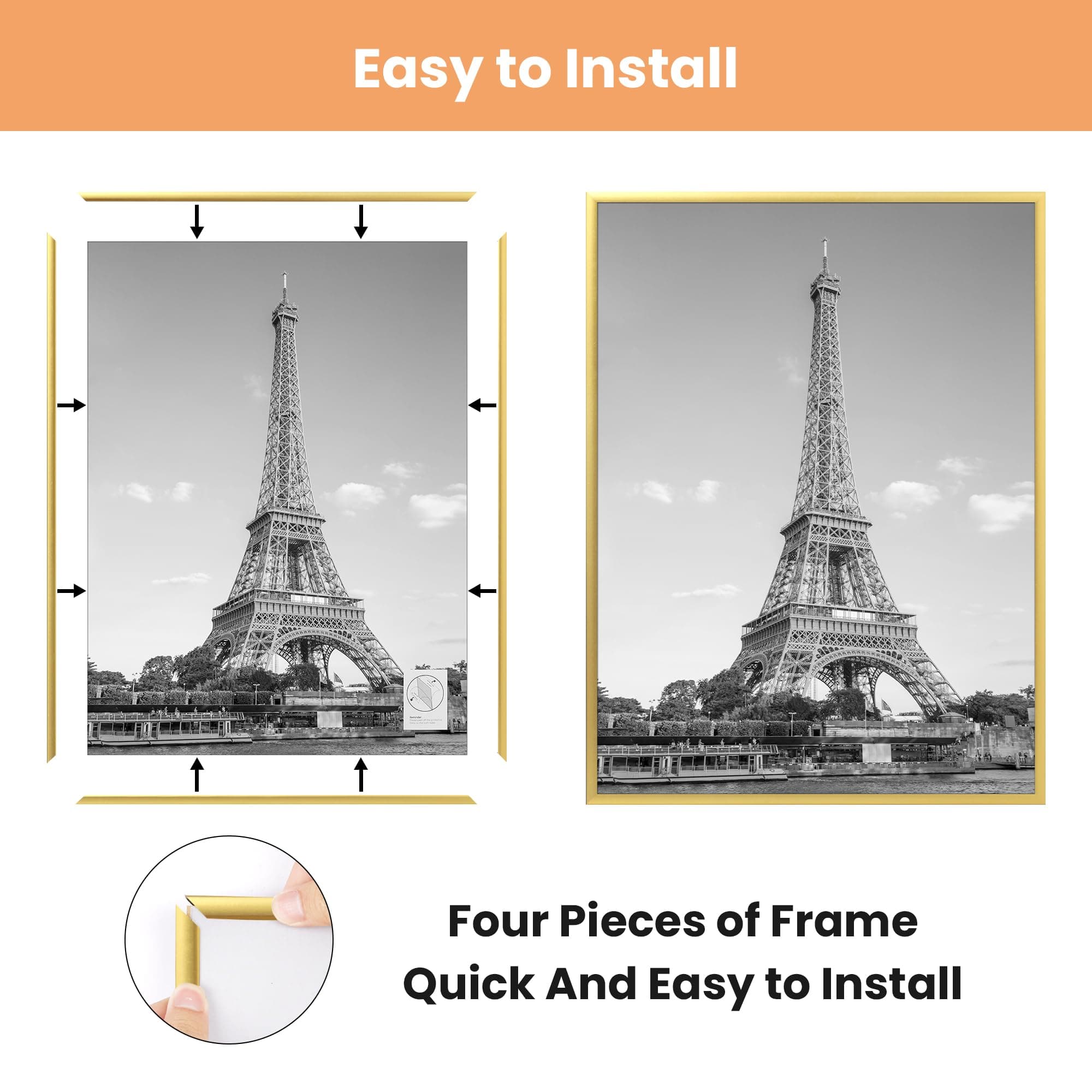 upsimples 12x16 Frame Gold 3 Pack, Picture Frames 12 x 16 for Horizontal or Vertical Wall Mounting, Scratch-Proof Wall Gallery Poster Frame