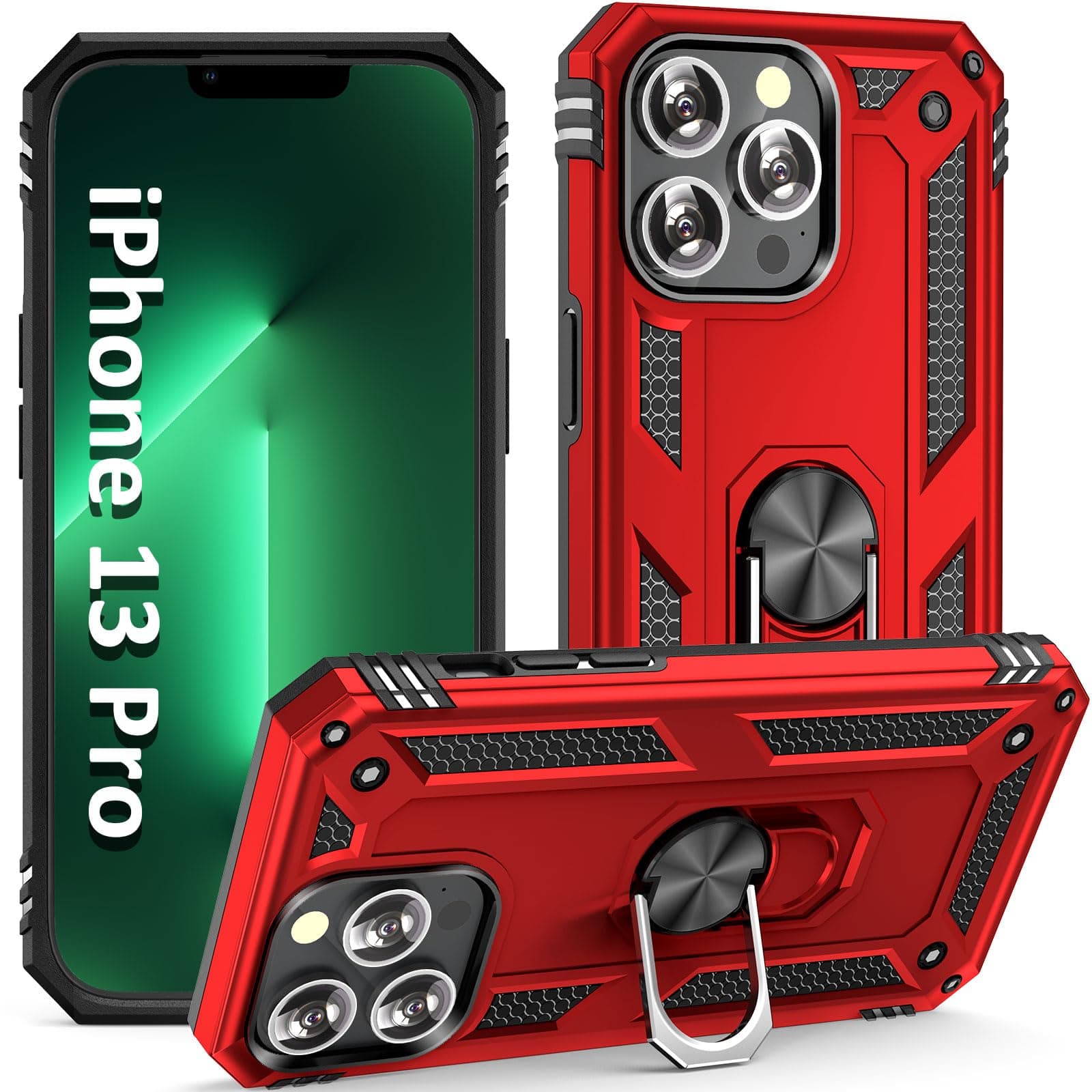ADDIT i Phone13 Pro Case, for iPhone 13 Pro Case,with Kickstand Ring,Adjustable Stand,Military Grade,Heavy Duty Protection,Shockproof,Anti-Fingerprint,Support Magnet Car Mount,Red