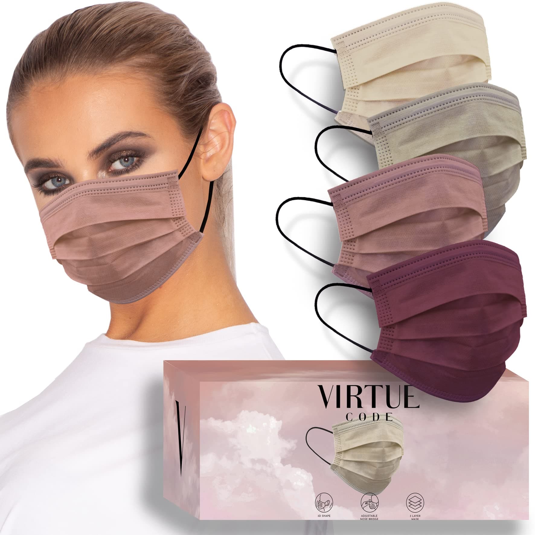 [Heywood] VIRTUE CODE Support Face Masks - Soft 3 Ply Comfort Face Masks, Colorful Disposable Face Mask 50 Pack. Earth Tones Colored Masks. Adults Mens and Womens Disposable Face Masks