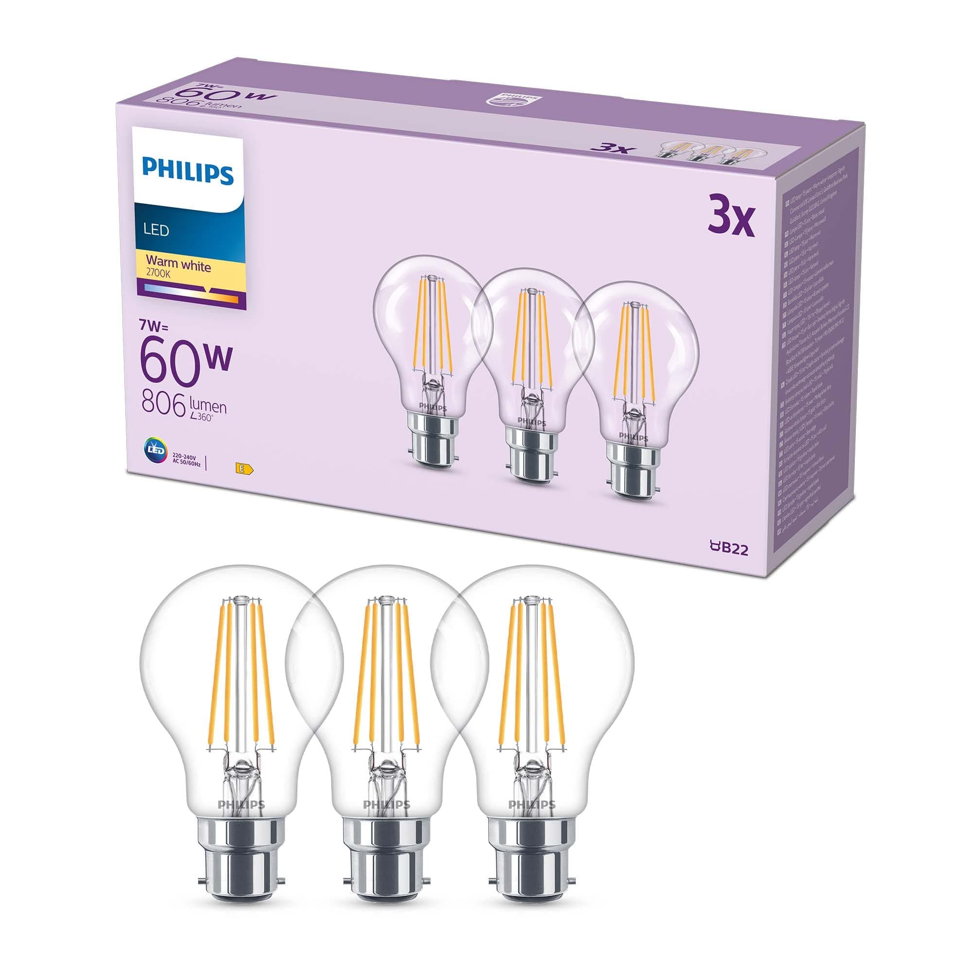 LED A60 Light Bulb 3 Pack [Warm White 2700K - B22 Bayonet Cap] 60W, Non Dimmable. for Home Lighting, 929001387493