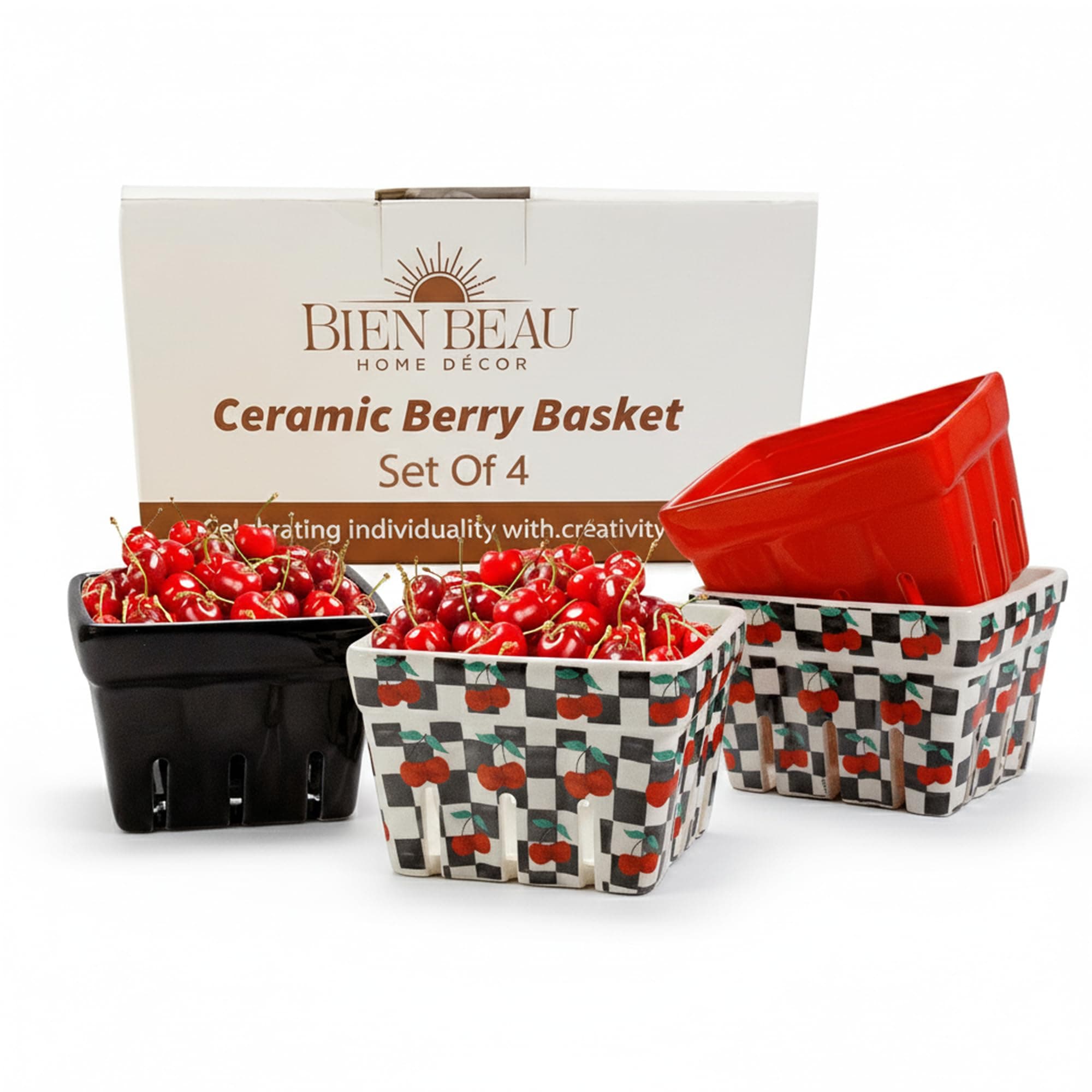 BIEN BEAU Checkered black and White with red Cherries pattern Ceramic Berry Basket - Colander -Modern Kitchen Decor Fruit Bowls - Checkerboard Fruit Baskets, Farmer's Market Harvest Bowls Set of 4