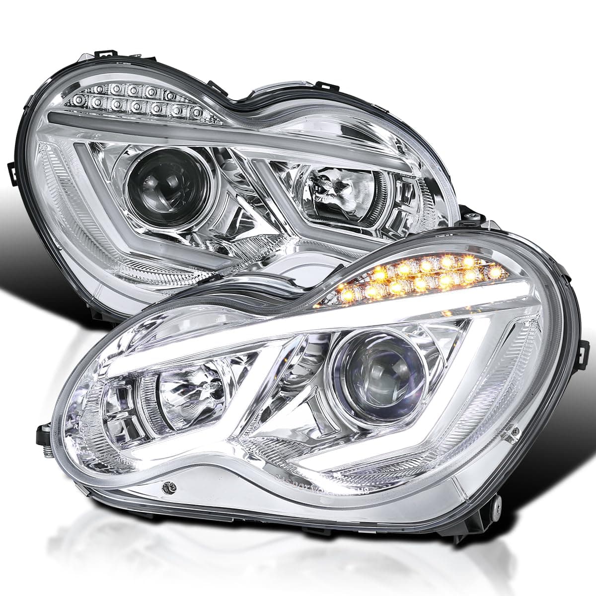 SPEC-D TUNING Chrome LED Projector Headlights Compatible with 2001-2007 Mercedes-Benz W203 C-Class Sedan, Left + Right Pair Headlamps Assembly