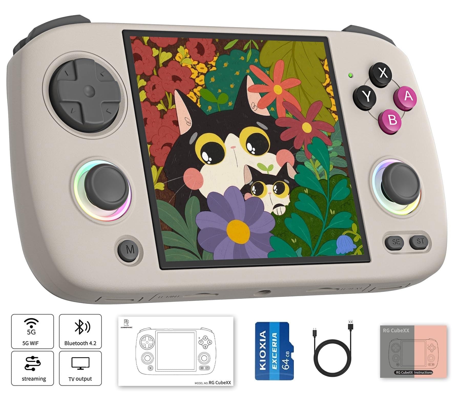 Voacle RG CubeXX Retro Handheld Game Console , 3.95 Inch IPS Screen Linux System Built-in 64G TF Card Support TV Output (Gray)