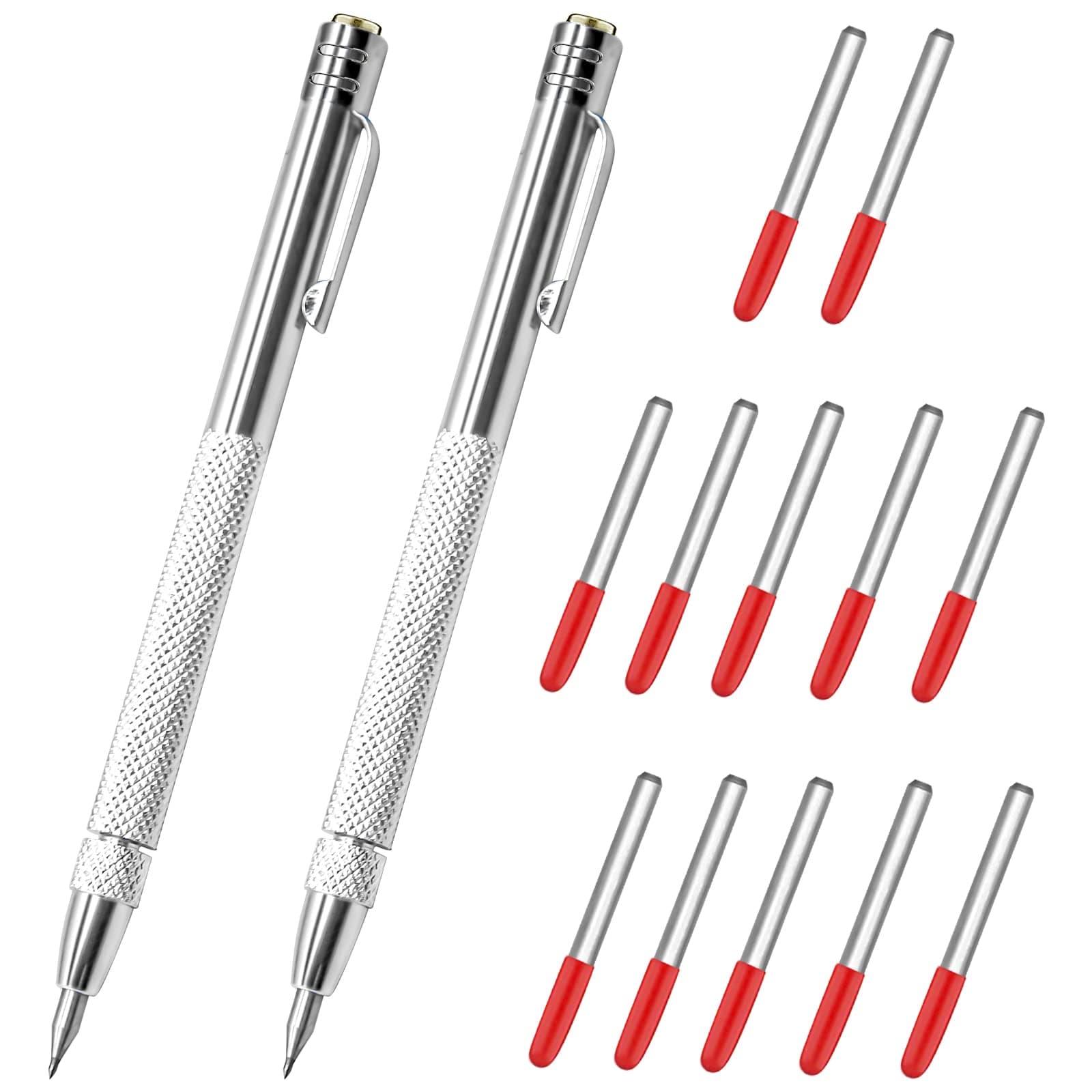 - 2Pcs Tungsten Carbide Tip Scriber With 12 Replacement Marking Tip, Aluminium Magnet Carbide Scribe Tool Etching Pen With Clip, Metal Engraving Pen for Glass / Ceramics / Hardened Steel / Metal Sheet