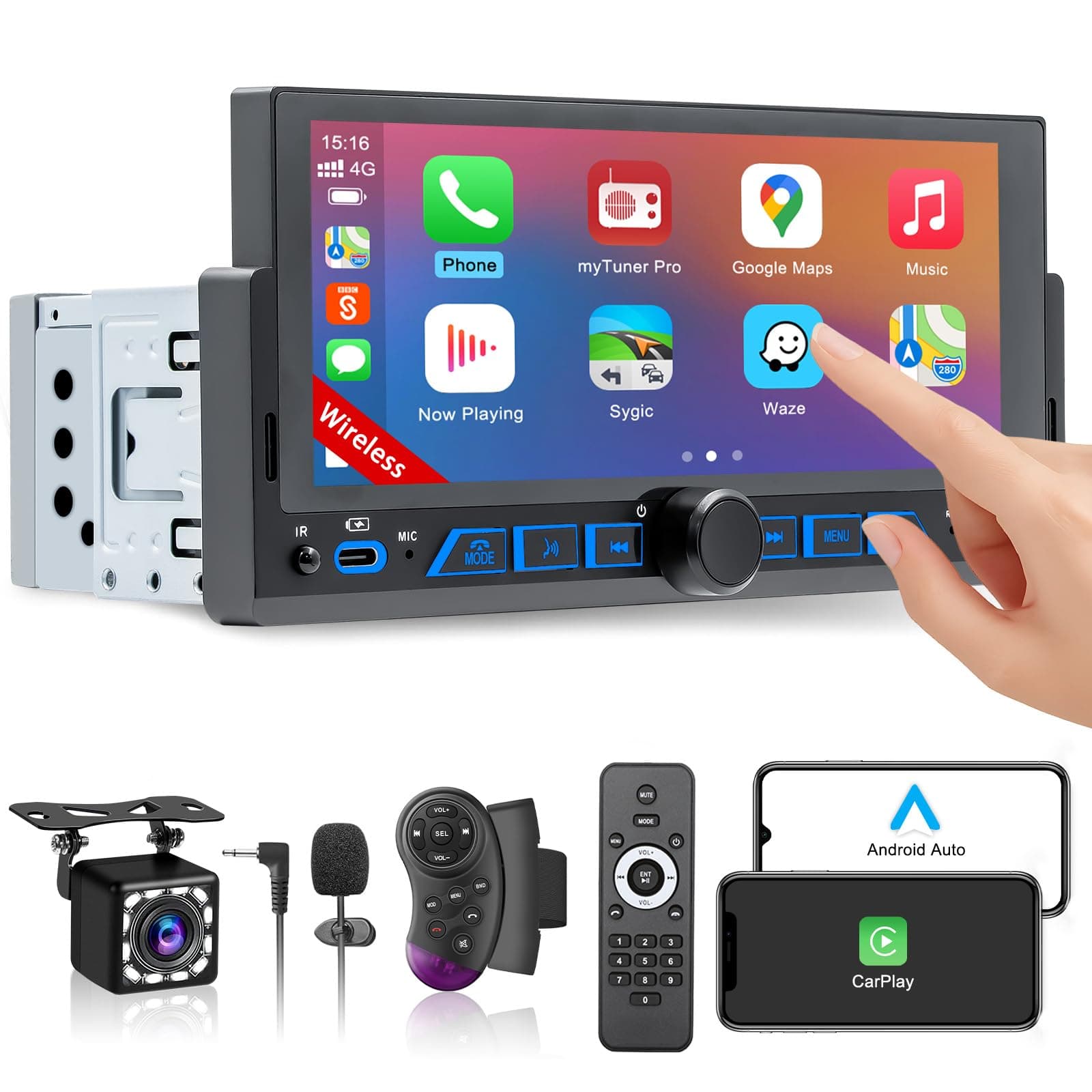 6.86" Wireless Single Din Touchscreen Radio Apple Carplay Android Auto, Single Din Car Stereo with Bluetooth, Mirror Link, Fast Charging, Backup Camera, AM/FM, SWC, EQ, Type-C