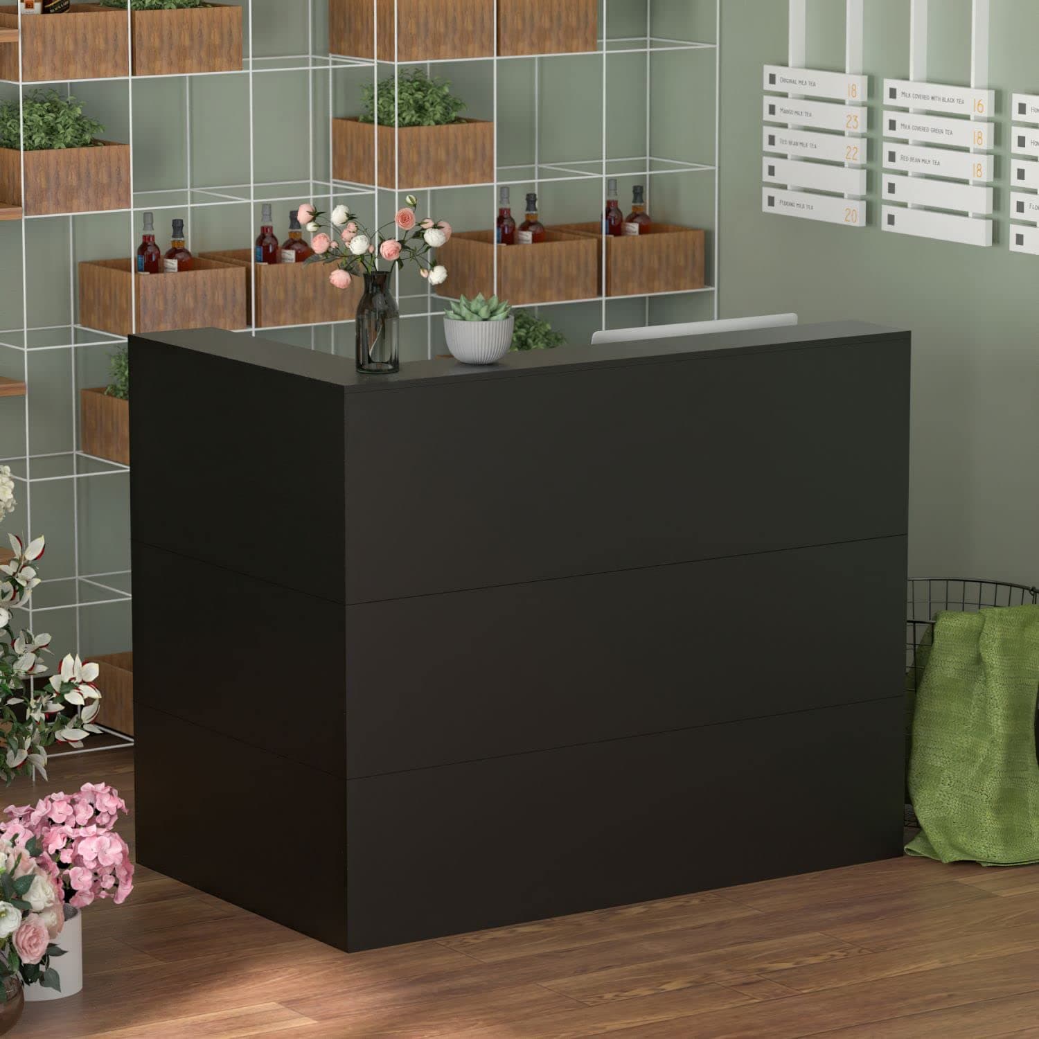 FAMAPY Modern Reception Counter, Large Storage Shelves and Drawers, Retail Counter Front Desk for Reception Room Black