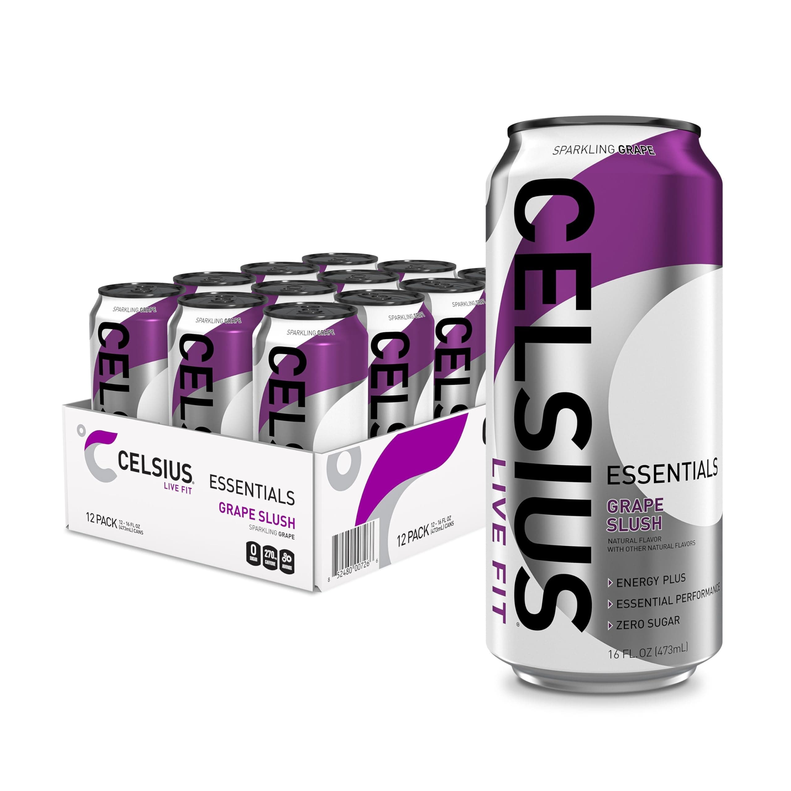 - CELSIUS Essentials™ Sparkling Grape Slush, Sugar Free Performance Energy Drink, Can, 16 Fl Oz (Pack of 12)