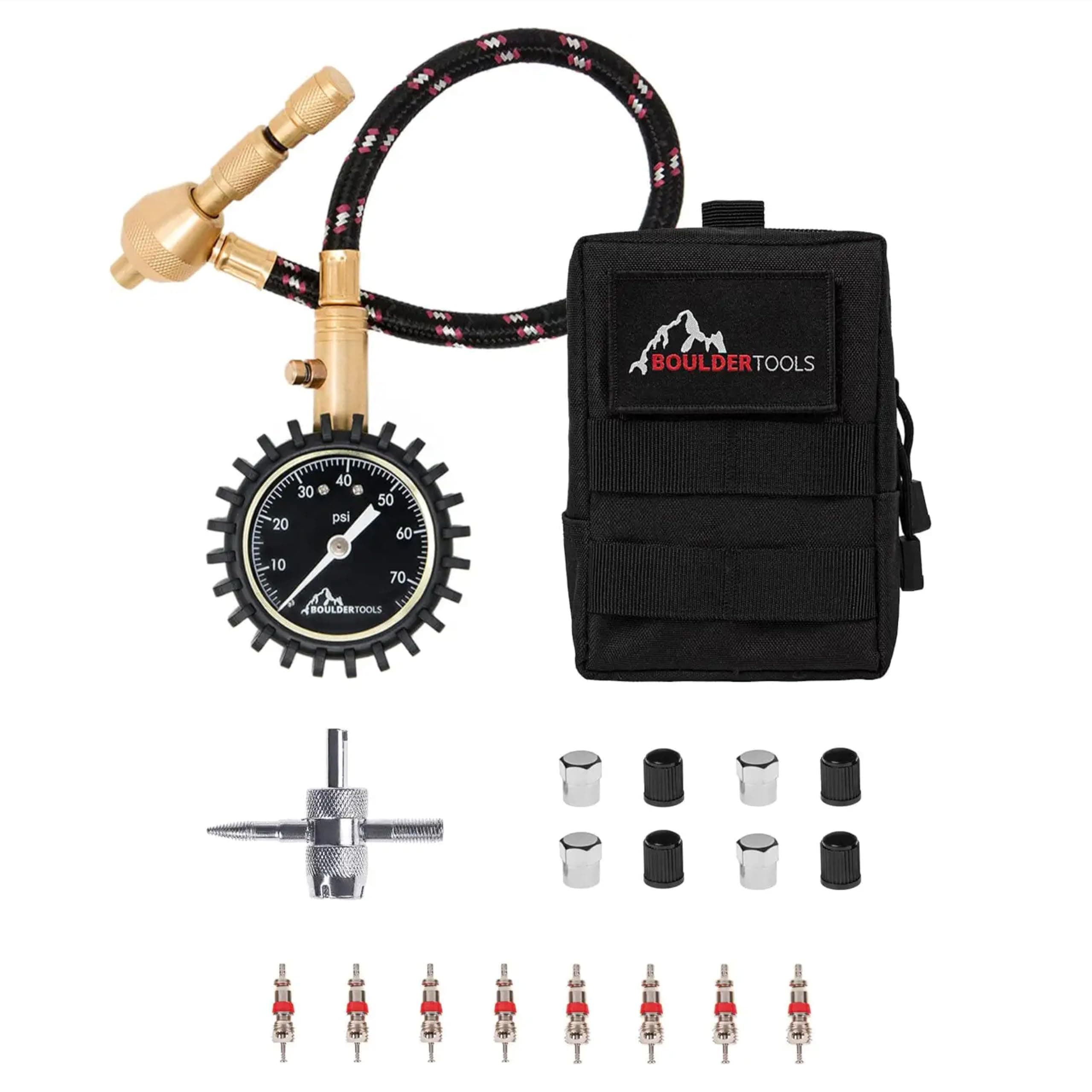 Boulder Tools Heavy Duty Rapid Tire Deflator & Molle Pouch - Precision Release Button Air Down Offroad Kit - Glows in Dark, Bonus: Valve Caps, Cores, Repair Tool | Quickly Deflate 4x4 Off Road Tires