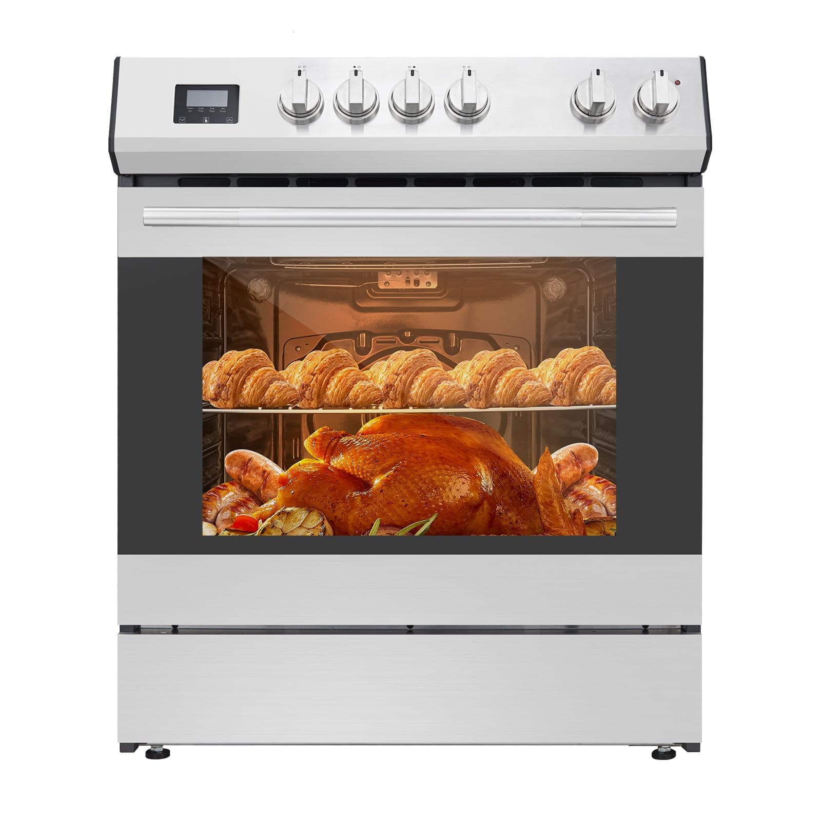 30 in Electric Range Oven - Four-Burner Induction, High-Efficiency Convection Oven, 5 Cu.Ft. Capacity, Glass Cooktop, Stainless Steel Freestanding, Silver