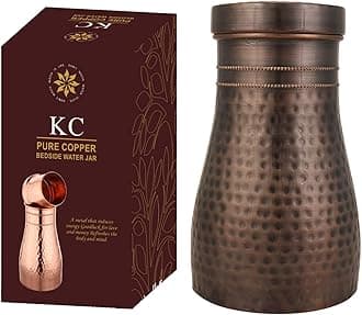 KC Pure Copper Water Bottle Antique Hammered Design | Pitchers | Water Jug | Bedroom Jar | Bedside Carafes with Tumbler/Glass with Lid | with Antique Color Finish 1250 ML