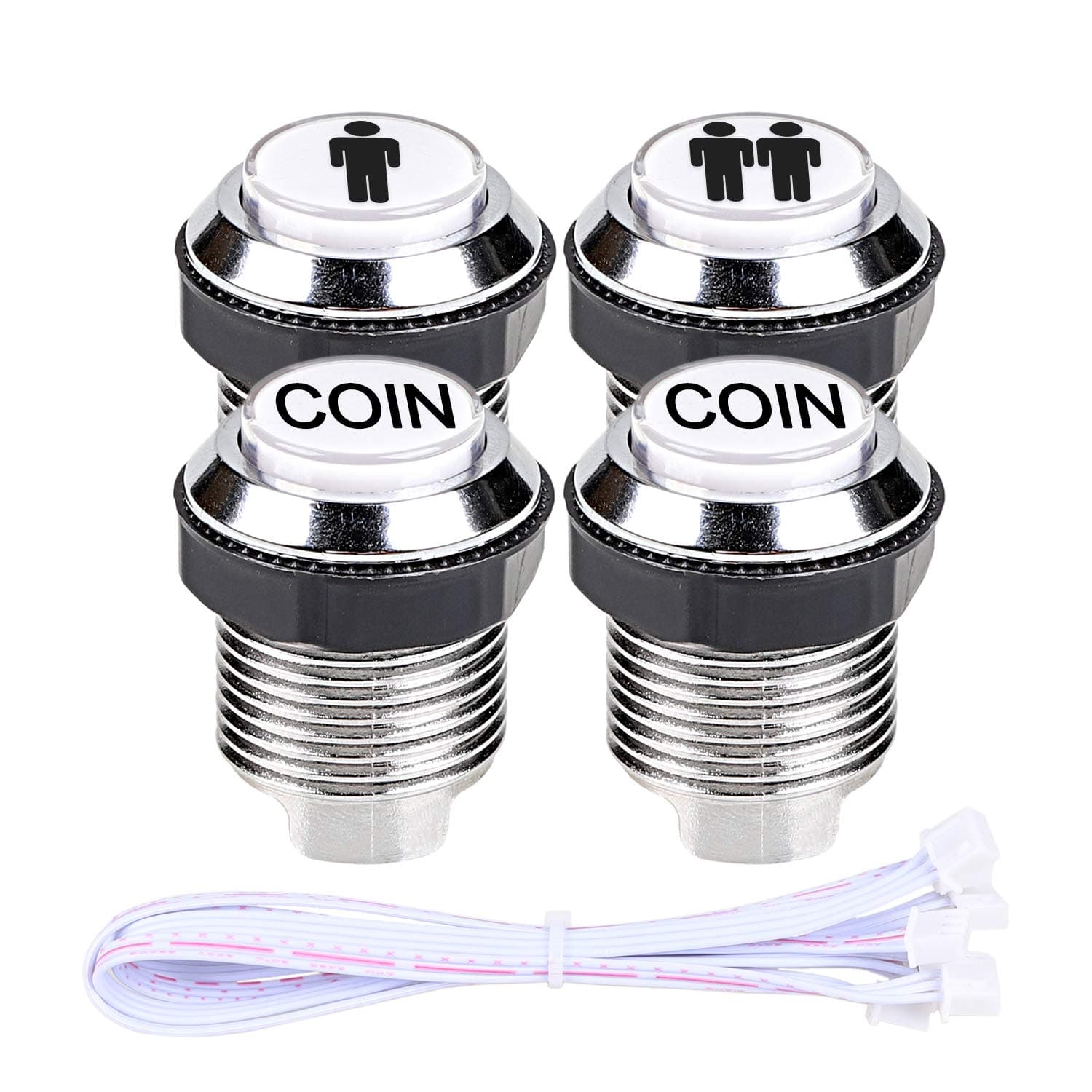 Arcade Buttons 4 Pcs/Lot 5V LED Illuminated Push Button 1P 2P Player Start Buttons 2X Coin Buttons + 3 Pin Cable for MAME/Jamma/Fighting Games/Arcade Video Games Consoles (Chrome White)