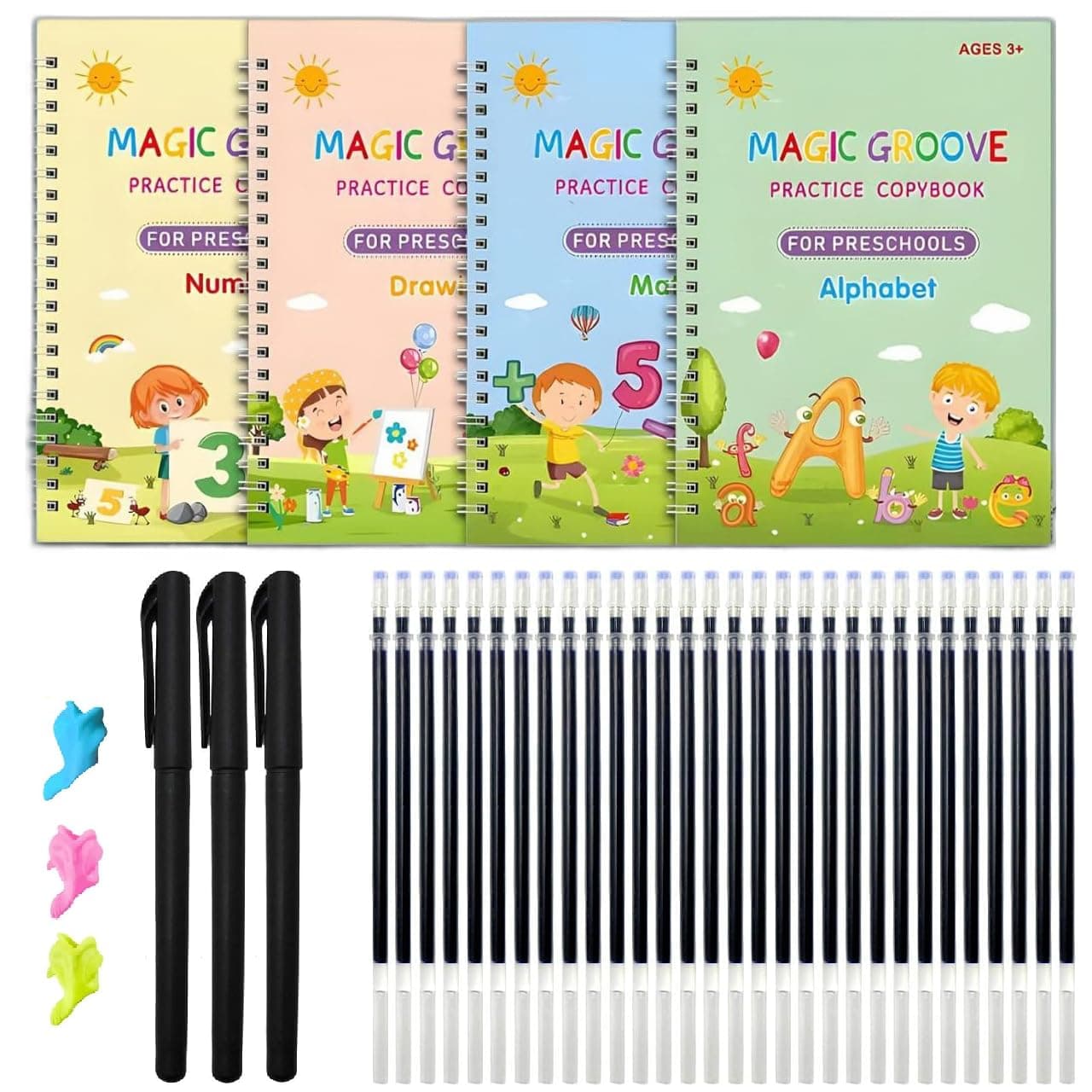 Sank Magic Practice Copybook (8 BOOKS+30 REFILL+3 Pen+3 Grip) Number Tracing Book for Preschoolers with Pen, Magic Calligraphy Copybook Set Practical Reusable Writing Tool Simple Hand Lettering