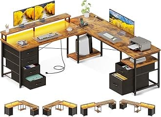 - 66" L Shaped Computer Desk, 113“ Reversible Home Office Desk with File Cabinet & 4 Fabric Drawers, Two Person Desk with LED Lights & Power Outlet, Corner Gaming Desk with Monitor Shelf, Vintage