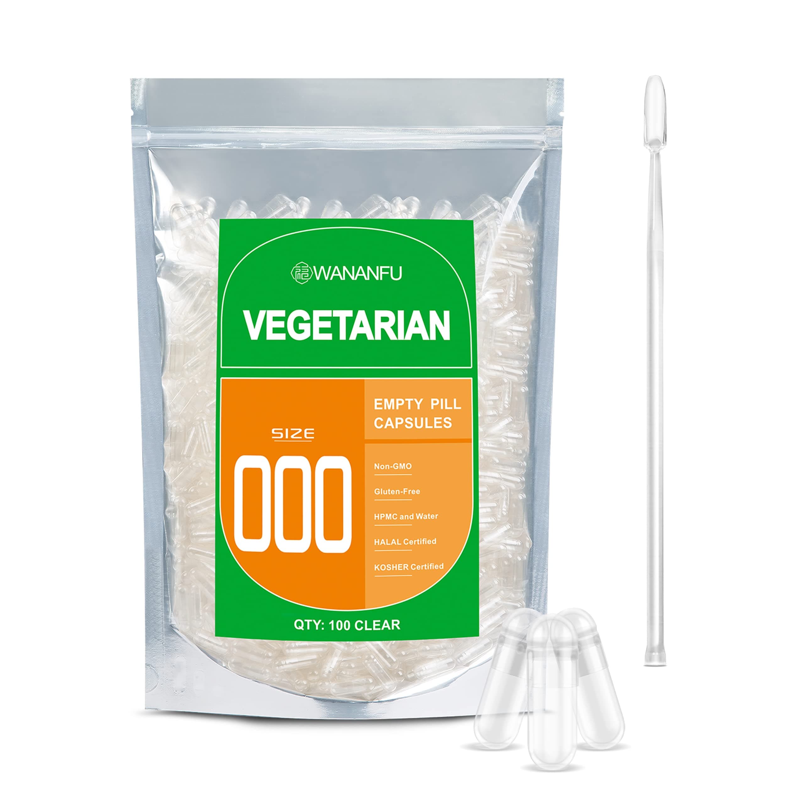 Size 000 Empty Capsules Vegetarian (100 Count) Bundle with Micro Lab Spoon, Clear Fillable Veggie Pill Capsules 000 for Making Your Own Supplements