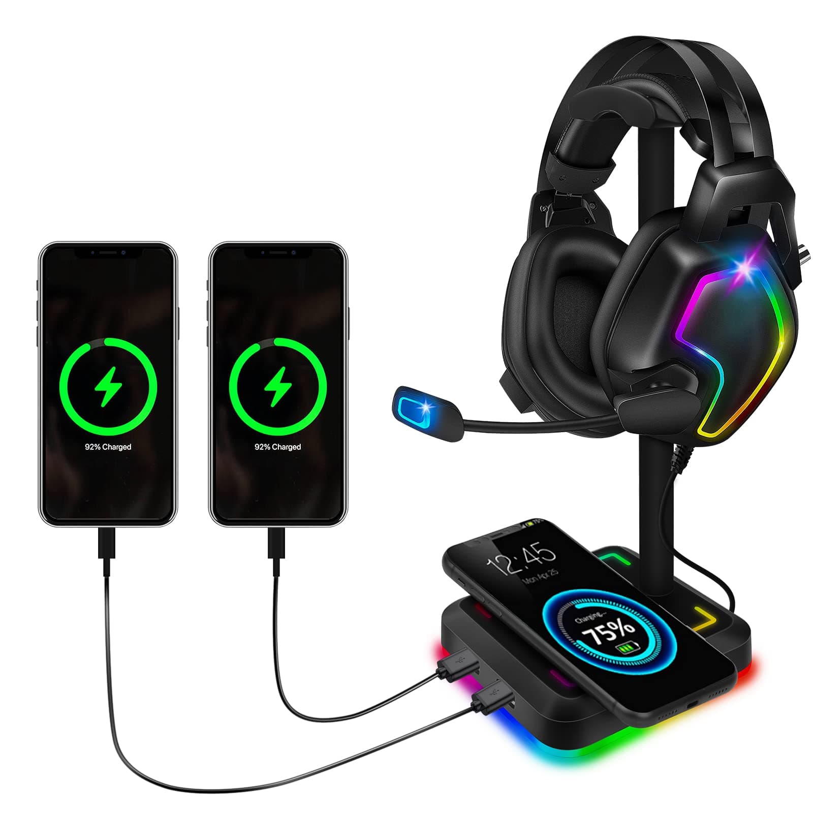Headphone Stand with Wireless Charger Gaming Headset Holder 2 IN 1 Wireless Charging Pad & 2 USB Charger Ports for Desktop PC Game Accessories
