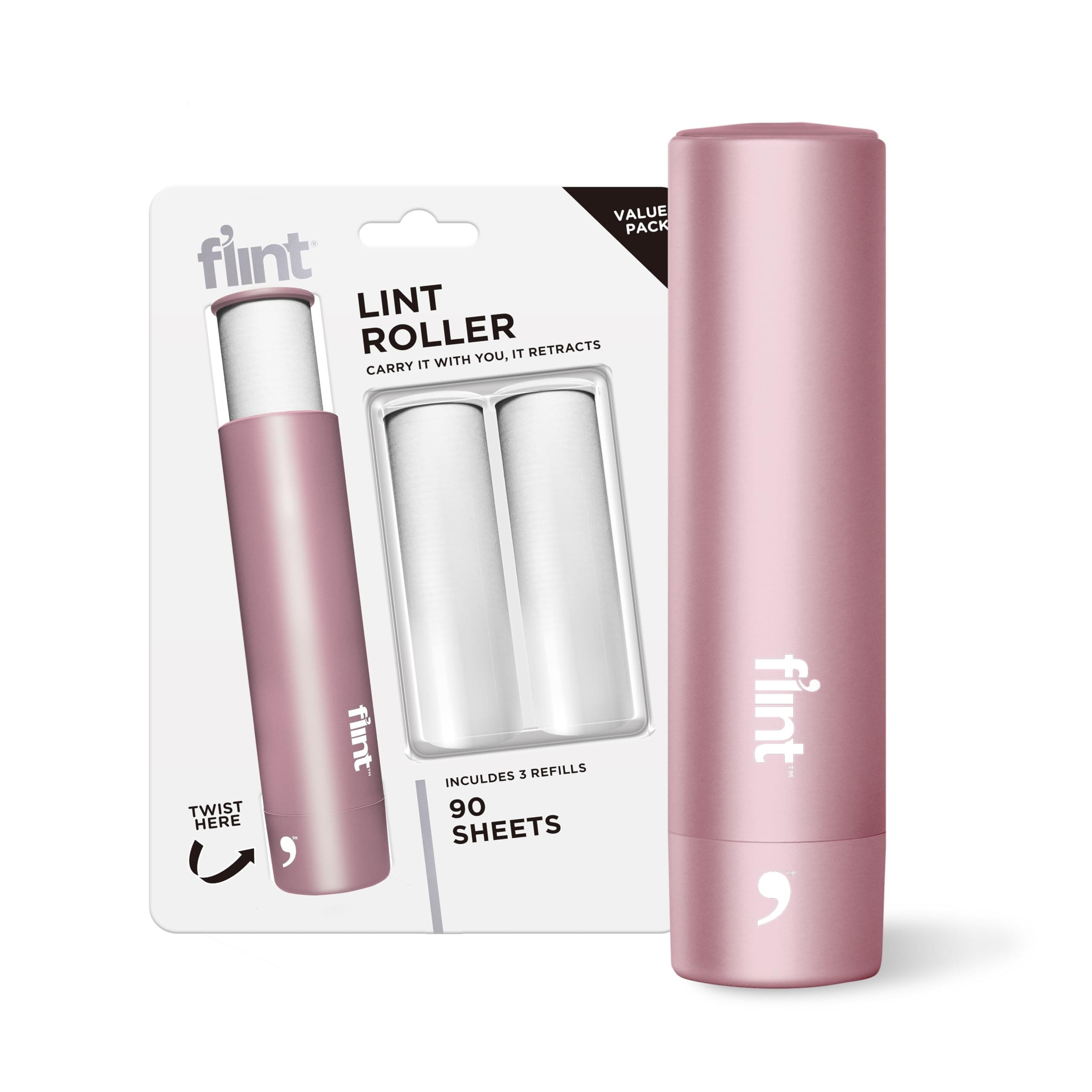 Flint Rose Gold Retractable Mini Lint Roller with 90 Extra Sticky Sheets, Small and Portable Lint Roller, Ideal Pet Hair Remover Lint Roller, Travel Lint Roller and Lint Roller for Clothes