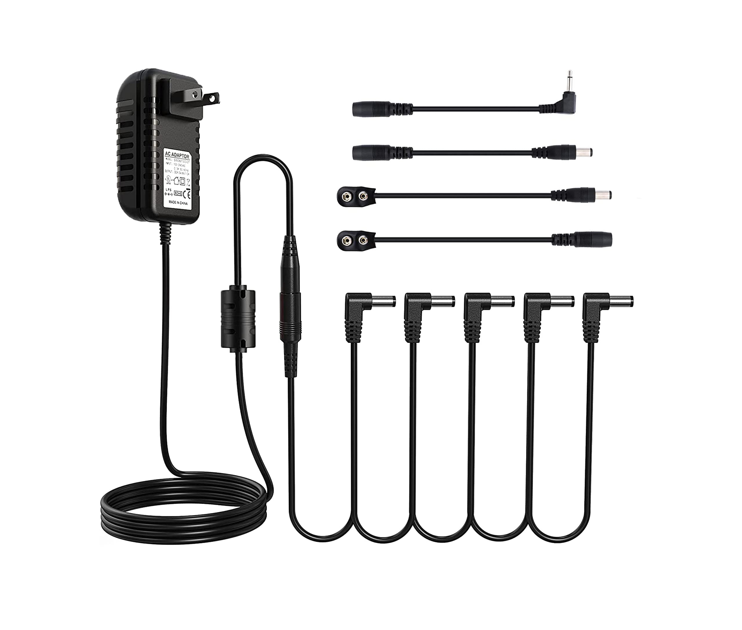 AZOR DC 9V Guitar Pedal Power Supply Adapter with 5 Way Daisy Chain Cables Fit for 9V DC 1A (1000mA) Negative Tip Guitar Effect Pedal