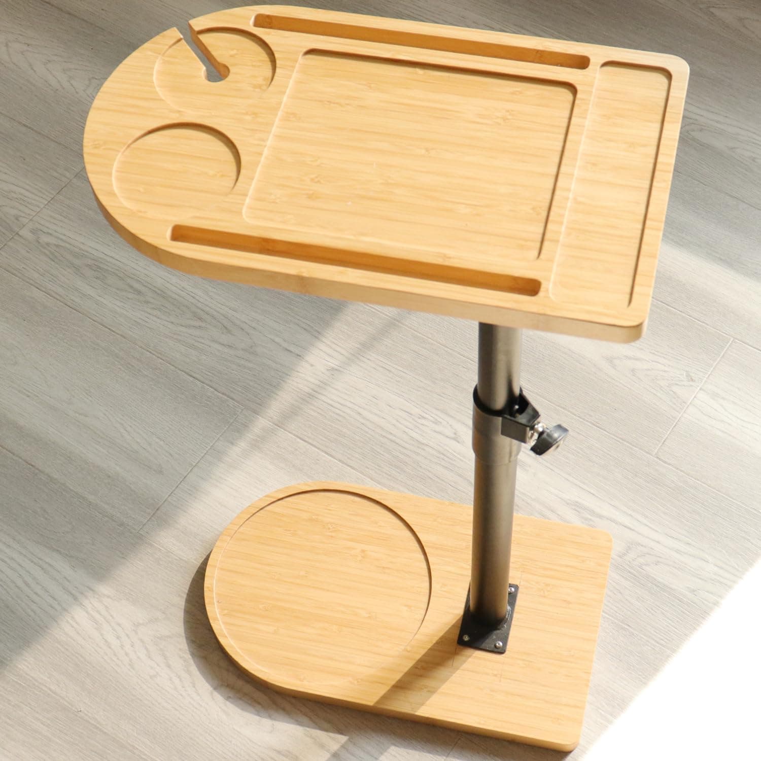 360° Rotatable Sofa Tray Table for Couch Arm - Height Adjustable End Table for Bed or Chair with Phone & Tablet Slots, TV Tray Table, Side Table Tray for Small Spaces（Bamboo,Arc）