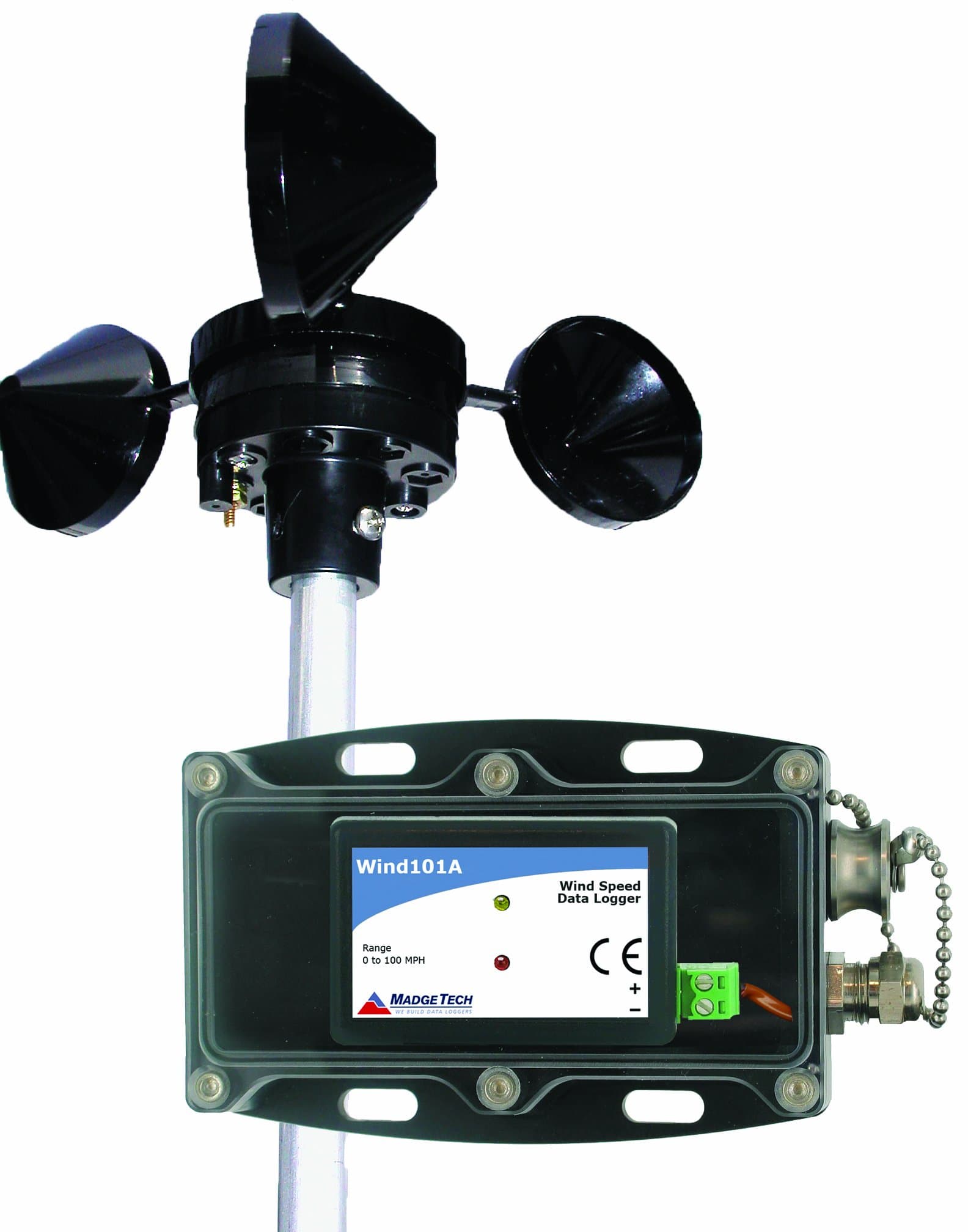 MadgeTech Wind101A-100 Wind Speed Data Logging System, with Pulse101A Data Logger, Weather Proof Enclosure, 3-Cup Anemometer, and IFC200 Software and Interface Cable, 0mph to 100mph Measurement Range, 100' Cable Length