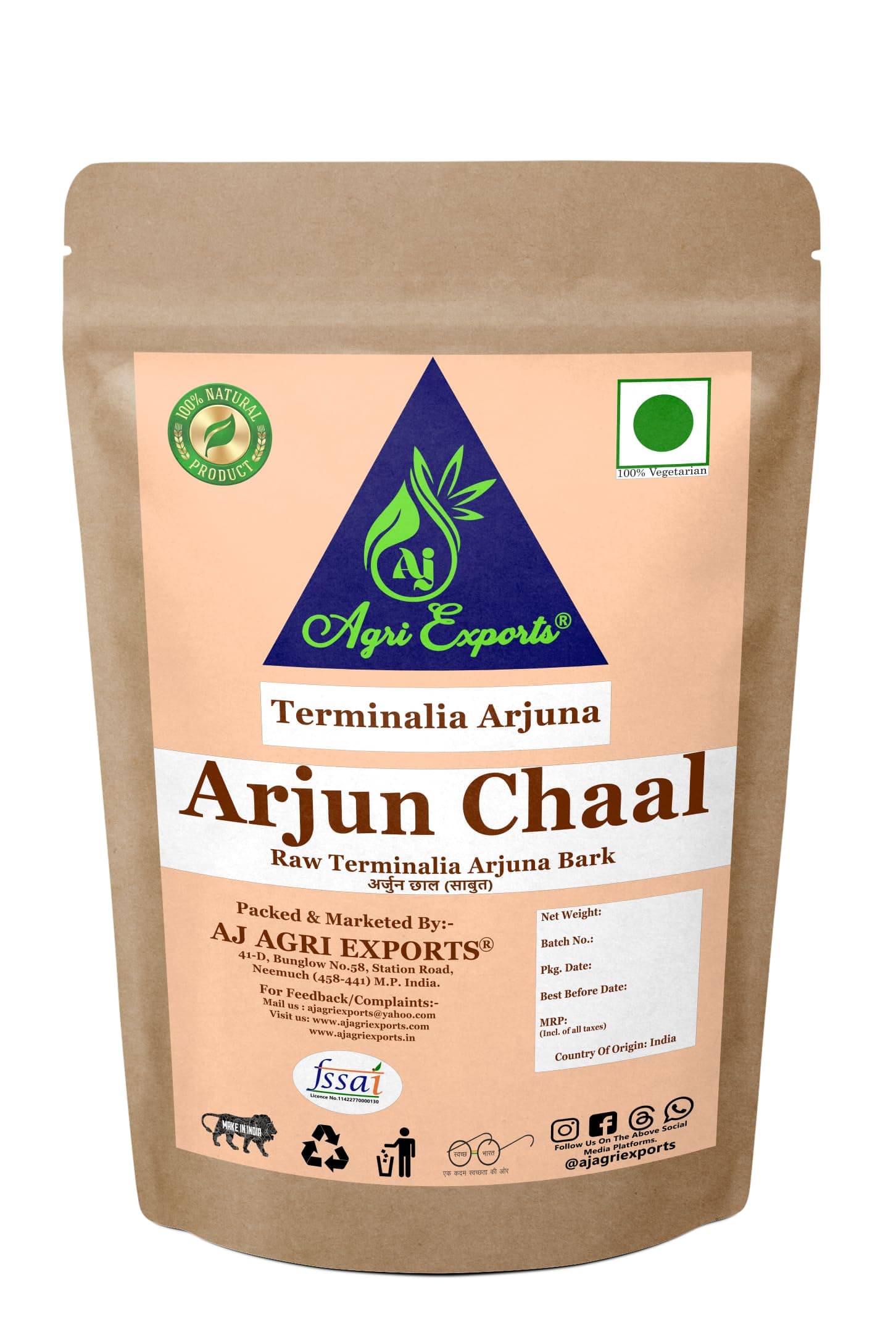 AJ AGRI EXPORTS Raw Arjun Bark - Arjun Chhal - Arjun Ki Chaal - Terminalia Arjuna Bark - Arjun Ki Chaal - Arjun Chal - Arjun Chaal - Toremalti Chhal - अर्जुन छाल (100 Grams)