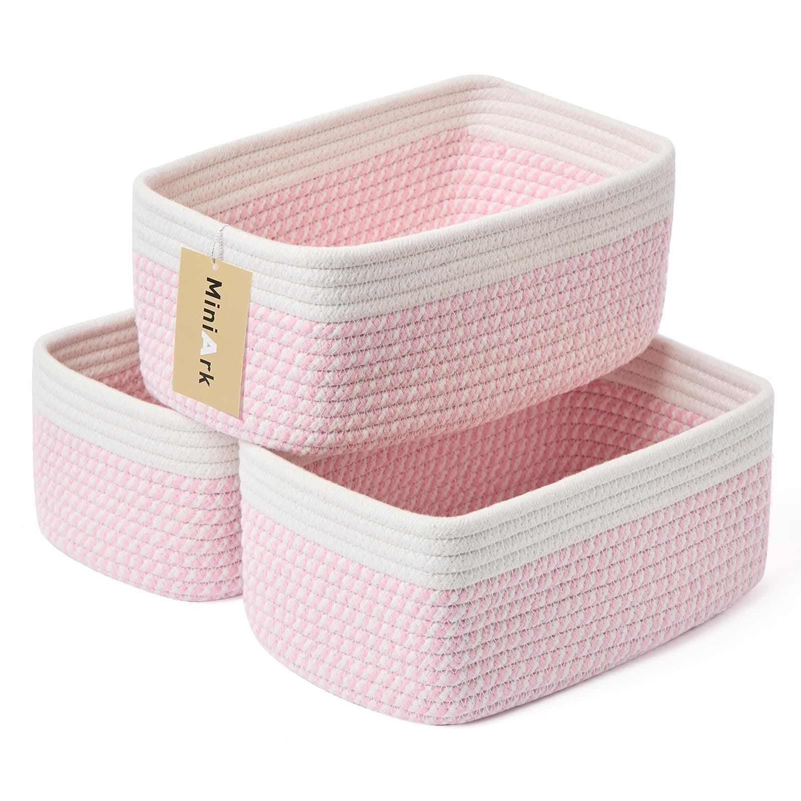 MiniArk Small Storage Baskets for Organizing | Closet Organizer Bins | Shelf Toy Basket | Woven Rope Baskets | Cube Decorative Box | Shallow Basket | 11.5x7.5x4.7” | 3 Packs White Pink