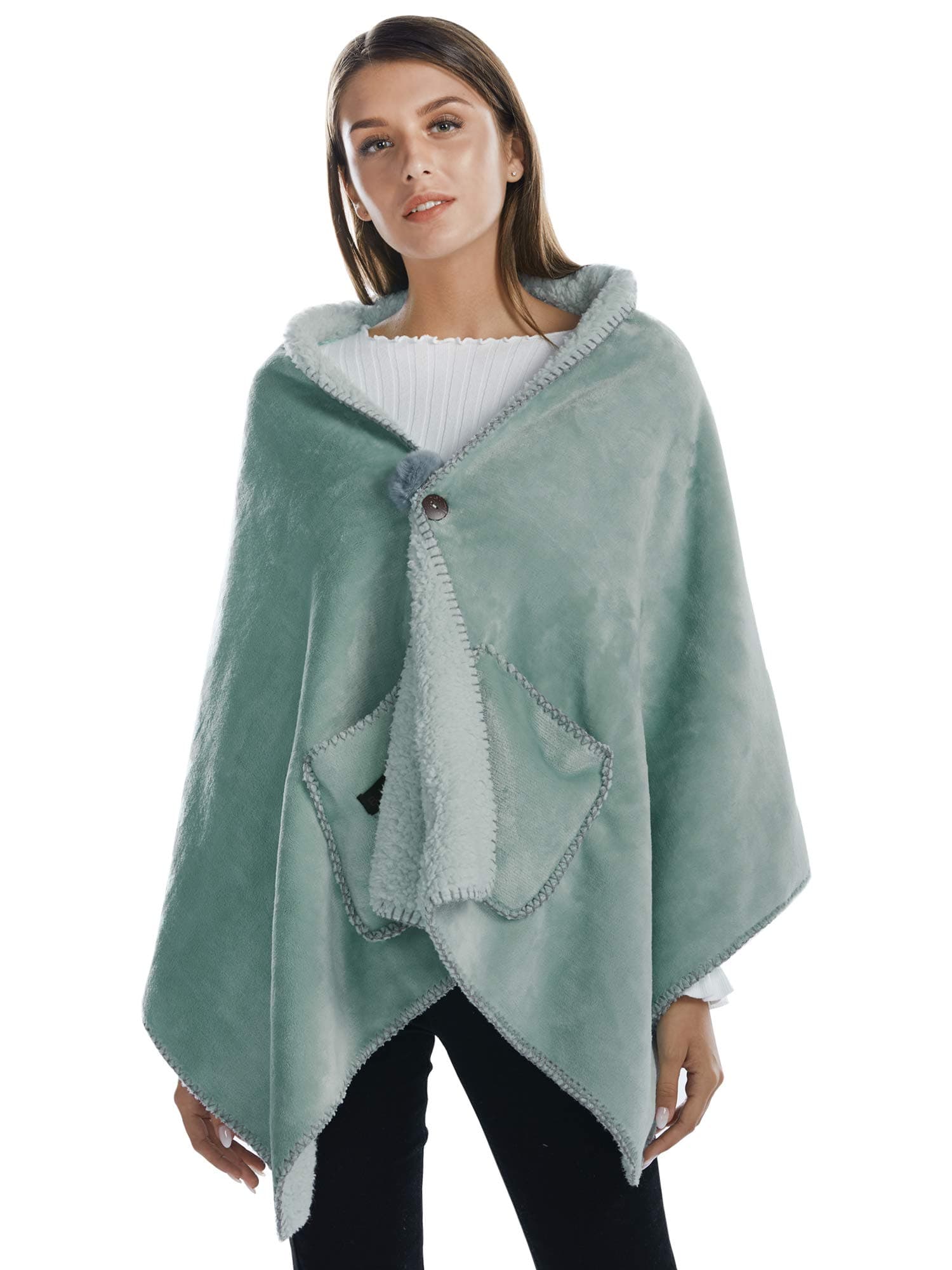BARGOOS Thick Wearable Blanket Poncho Warm Throw Wrap Shawls with Pockets Fleece Flannel Sherpa Plush Light Green Large 79" x 32"