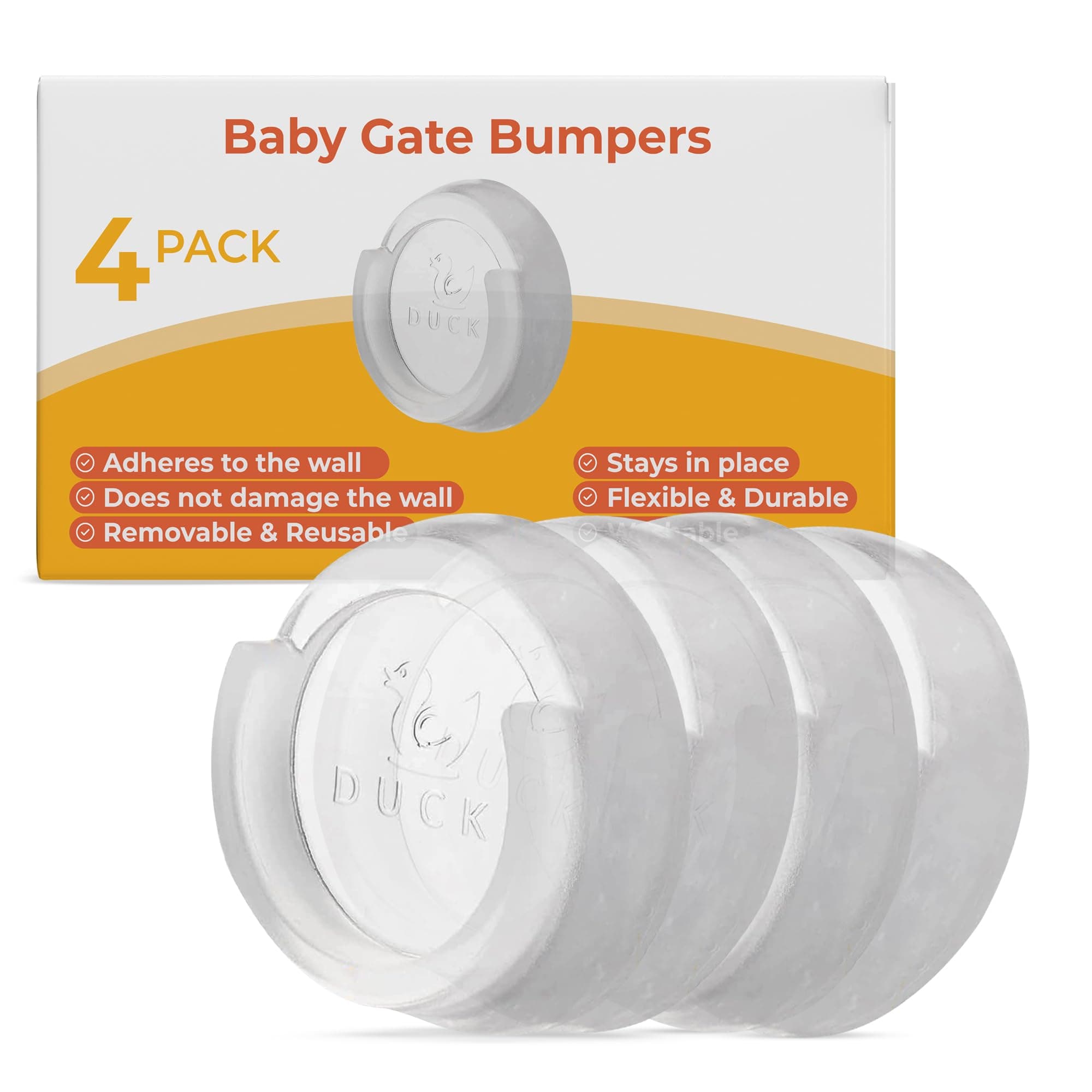 - Ducki- Baby Gate Wall Protector - Self-Adhesive Durable & Reusable Guards for Baby, Pet Gates, Replacement Parts, Doorway Scratch Protectors, Safety Kit, Extender & Adapter Proofing - 4 Pack, Clear