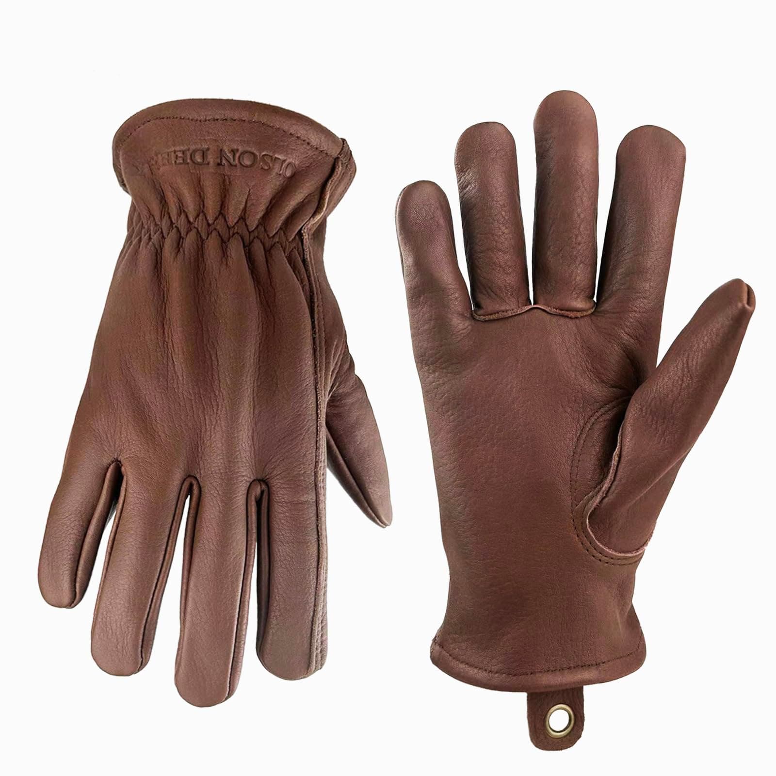 OLSON DEEPAK Retro Brown Leather Work Gloves for Cutting/Motorcycle/Farm,Cowhide Work Gloves with faded effect for men