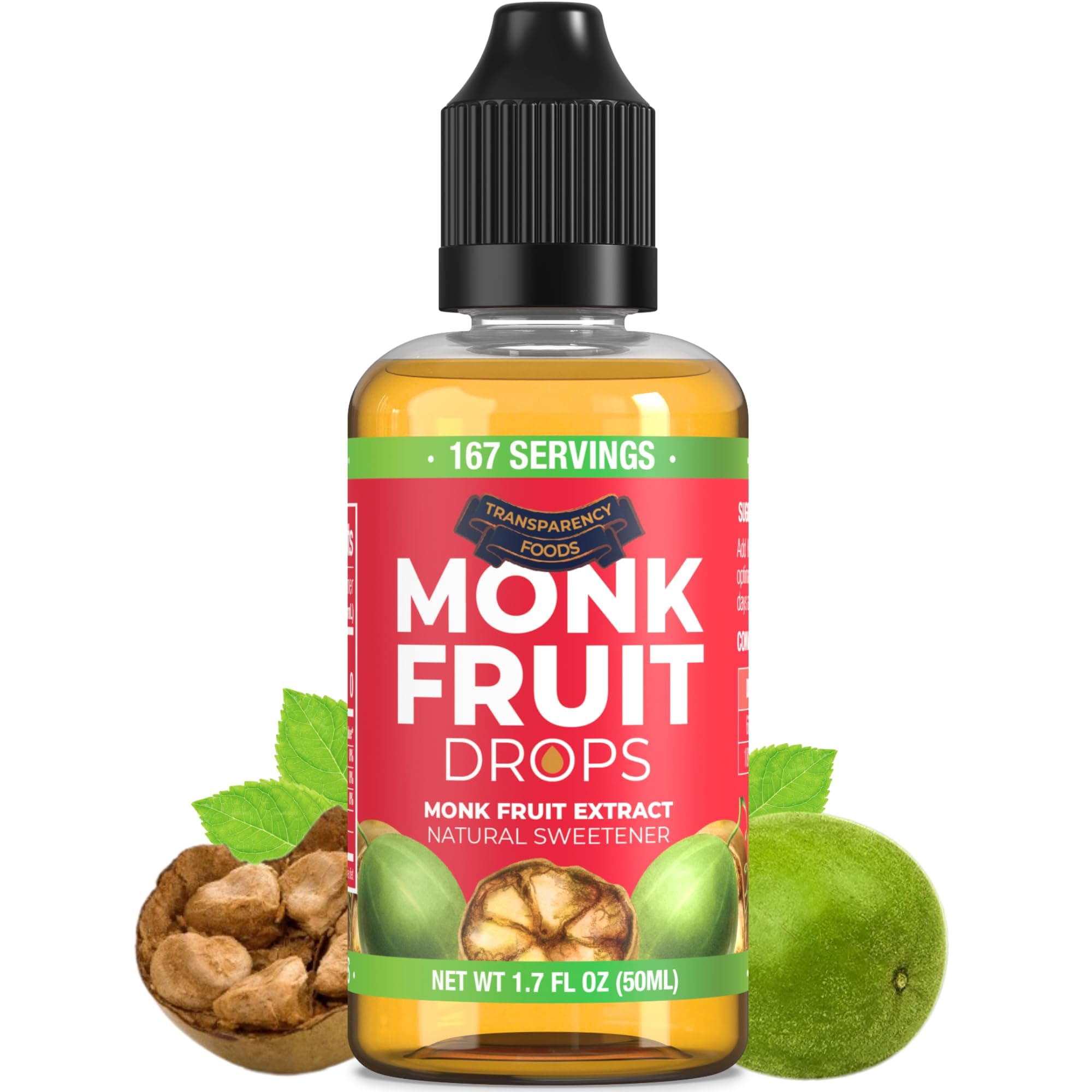Monk Fruit Extract (6 Drops = 1 Tsp of Sugar) Zero Calories, Non-GMO, No Fillers - Liquid Monk Fruit Sweetener No Erythritol by Transparency Foods NEW FORMULA (1.7oz, 167 servings)