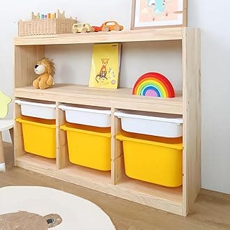 LITFAD Wooden Closed Back Kids Bookshelf Freestanding Bookcase Modern Display Cabinet Shelf with Drawers Children Toy Storage Cabinet for Bedroom, Living Room - 46" L x 12" W x 35" H Yellow