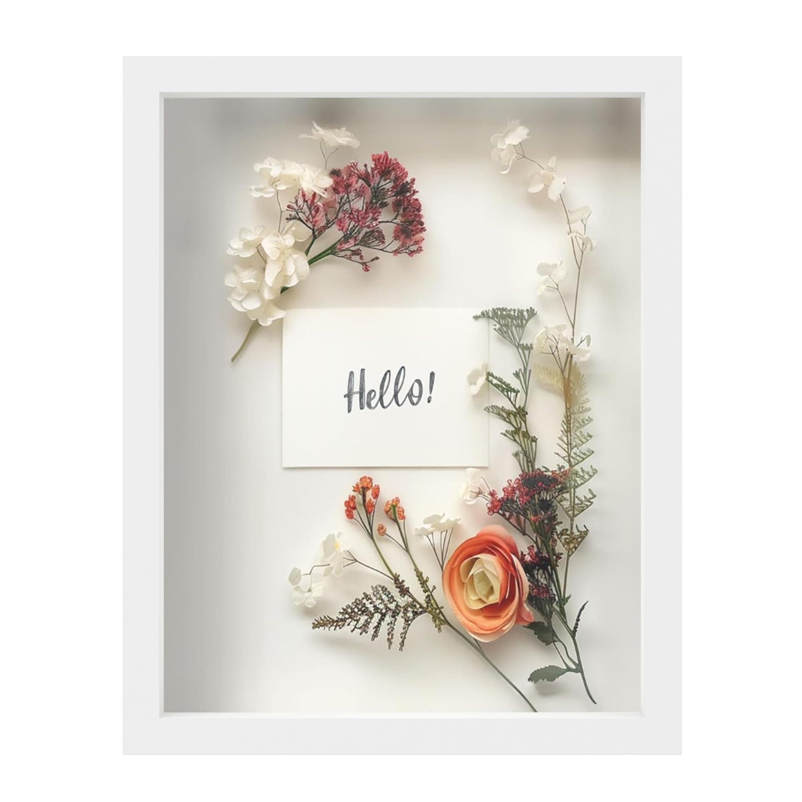 FrameWorks 11” x 14” White Wooden Shadow Box Frame – Soft Felt Back, Tempered Glass, and Included Elegant White Ball Push Pins