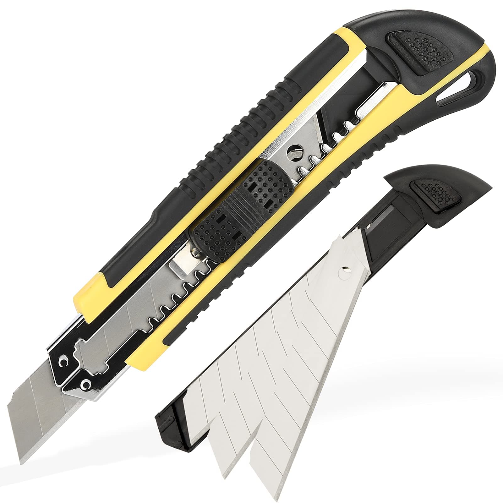 Utility Knife, Heavy Duty Box Cutter with 2 Extra Retractable Blades Storage in Handle, Toughbuilt TPR Handle, ABS Body and Stainless Blade Slot