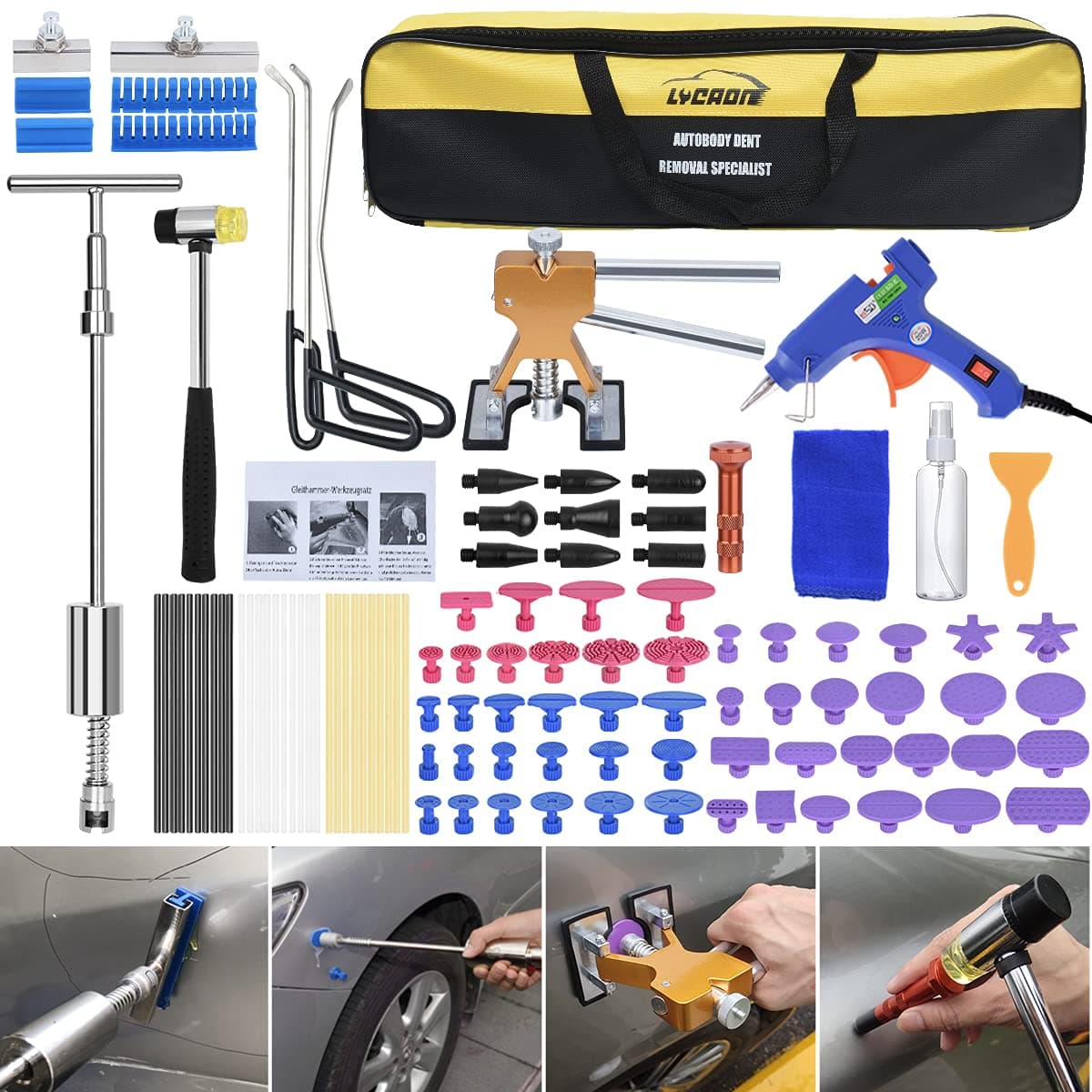 LYCAON Dent Puller Kit, Plug Hot Melt Glue Gun, Paintless Car Dent Repair Tool Kit, Hail Removal Lifter, T-Puller Hook Rods, Includes Instructions & Video (107 Pieces)