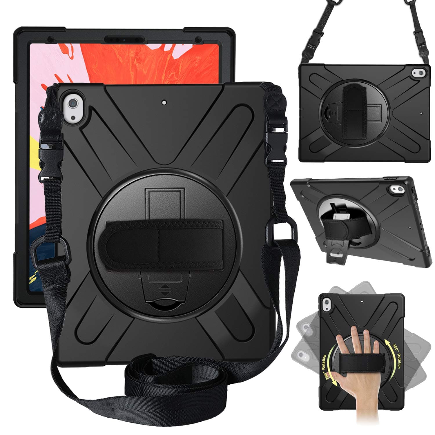 iPad Pro 12.9 Case 3rd Gen 2018, Heavy Duty Shockproof Protective Case with 360 Degree Rotating Kickstand/Adjustable Hand Strap and Carrying Shoulder Strap for iPad Pro 12.9 3rd Generation (Black)