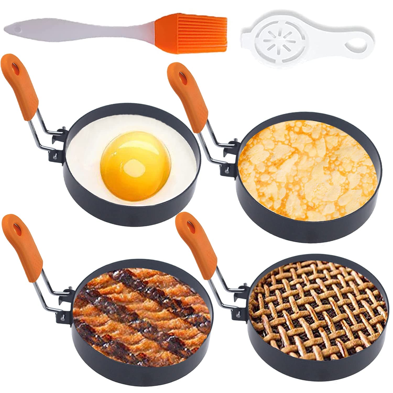 Upgrade 4" Large Egg Rings Set for Griddle,4 Packs Non-stick Stainless Steel Round Egg Ring for Frying Egg Pancake Mold Ring Omelette Ring Shapper for Muffin with 1X Oil Brush & 1X Egg Separator