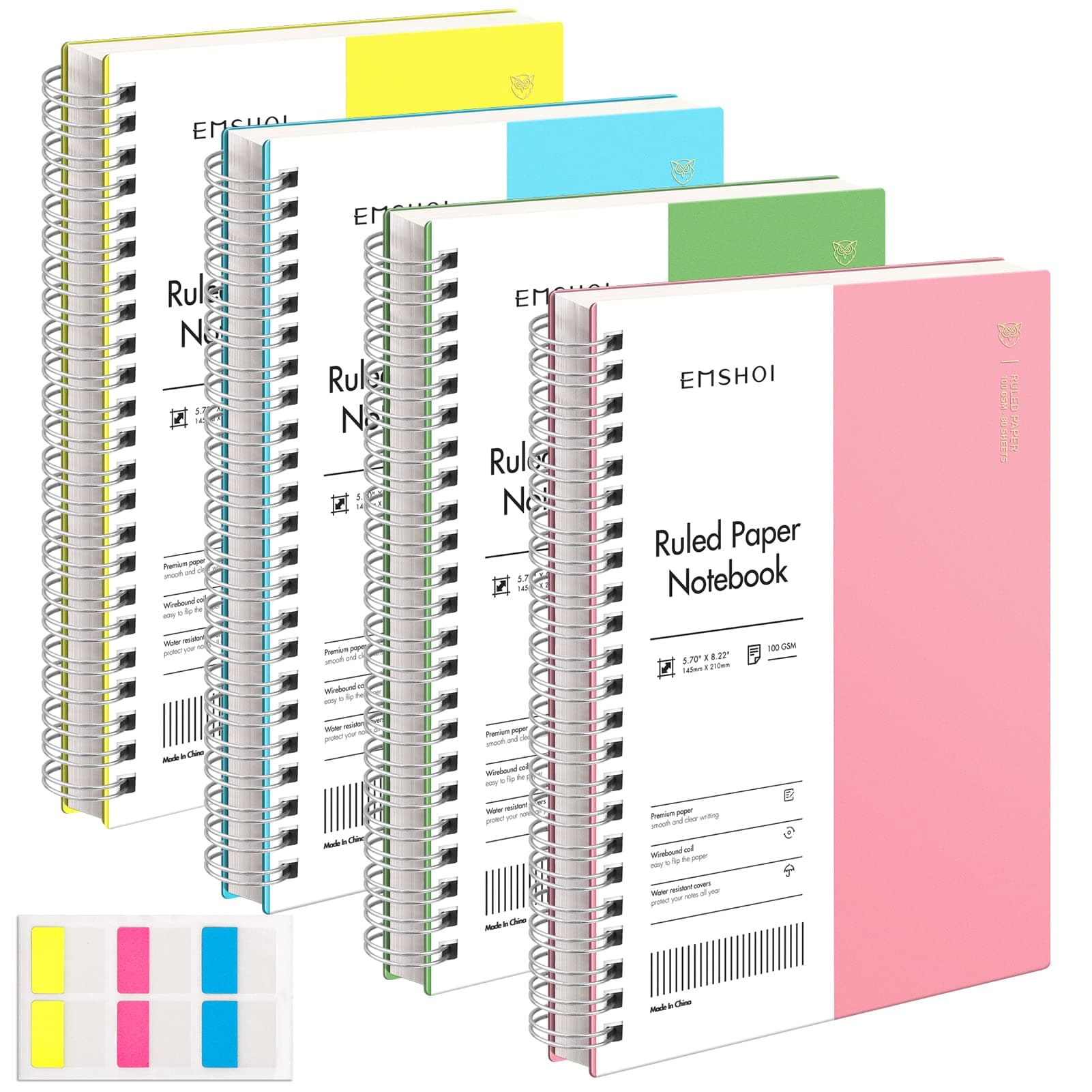 EMSHOI College Ruled Spiral Notebook, 4 Pack 5.7" x 8.22" A5 Small Notebooks for Work, 640 Pages 100gsm Thick Lined Journals for Writing, Sticky Notes, Plastic Hardcover, Yellow, Blue, Green, Pink