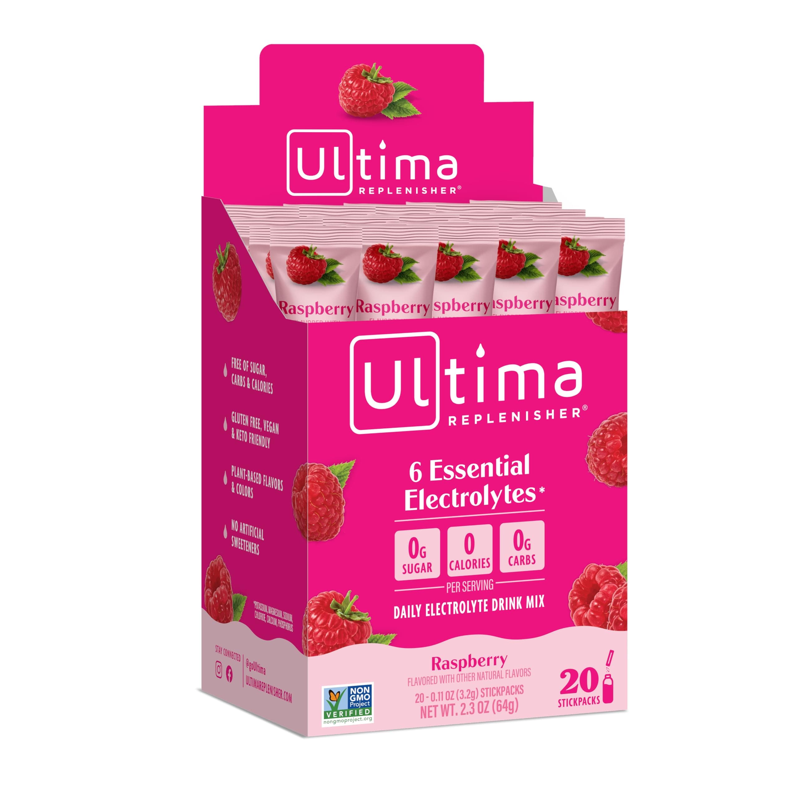 Ultima Replenisher Ultima Replenisher, Electrolyte Hydration Drink Mix, Raspberry, 20 Count Stickpacks Box - Sugar Free, 0 Calories, 0 Carbs - Gluten-Free, Keto, Non-GMO, Vegan