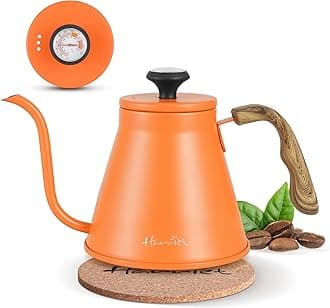 Gooseneck Kettle with Thermometer for Pour Over Coffee and Tea, 37 fl oz, Stainless Steel, Durable 3-Layer Base, Ideal Spout for Precision Pouring, Compatible with all Stove Tops, Orange