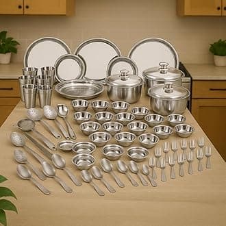 Neelam Stainless Steel Dinner Set, Premium Quality, Laser Etching 101 Pieces Set, Ideal Gifting Dinner Set, Ideal for Special Occasions Like Anniversary, Wedding, Housewarming Party, Silver