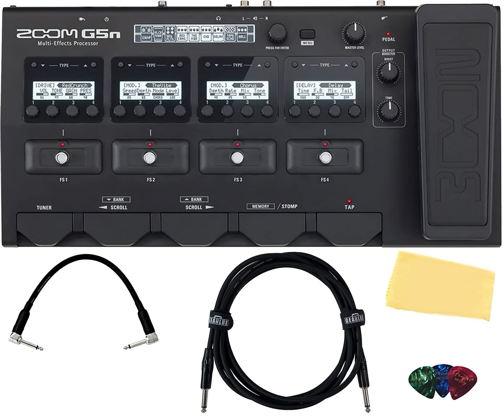 Zoom G5n Multi-Effects Processor with Expression Pedal for Bass Bundle with Picks, Gearlux Instrument Cable, Patch Cable and Austin Bazaar Polishing Cloth