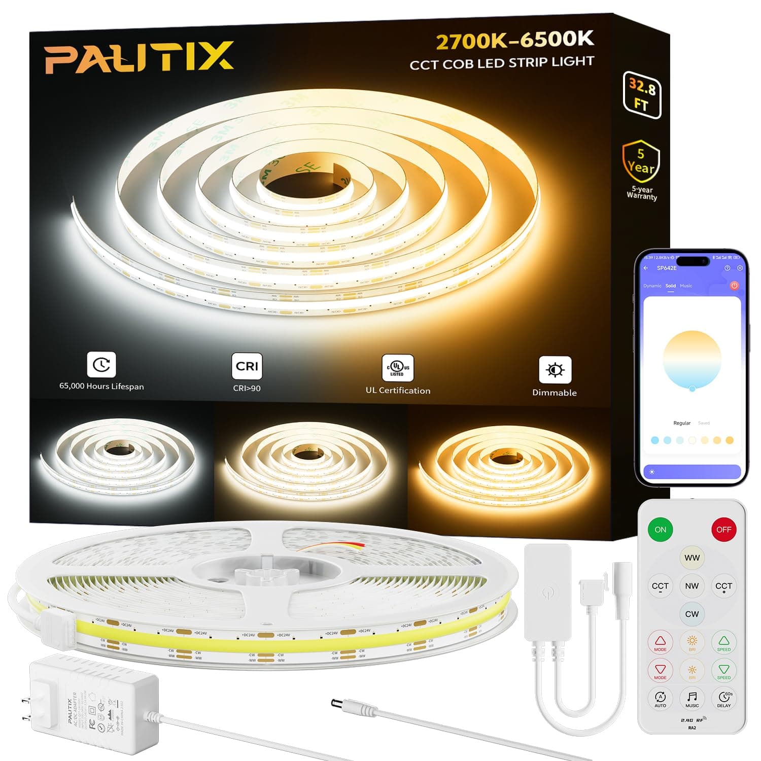 PAUTIX COB LED Strip Light White CCT Tunable 32.8ft/10m,UL-Listed 6400LEDs Dimmable 2700K-6500K CRI90+ 24V LED Tape Light Kit with APP Control/Music Mode,for Under Cabinet Bedroom Kitchen DIY Lighting
