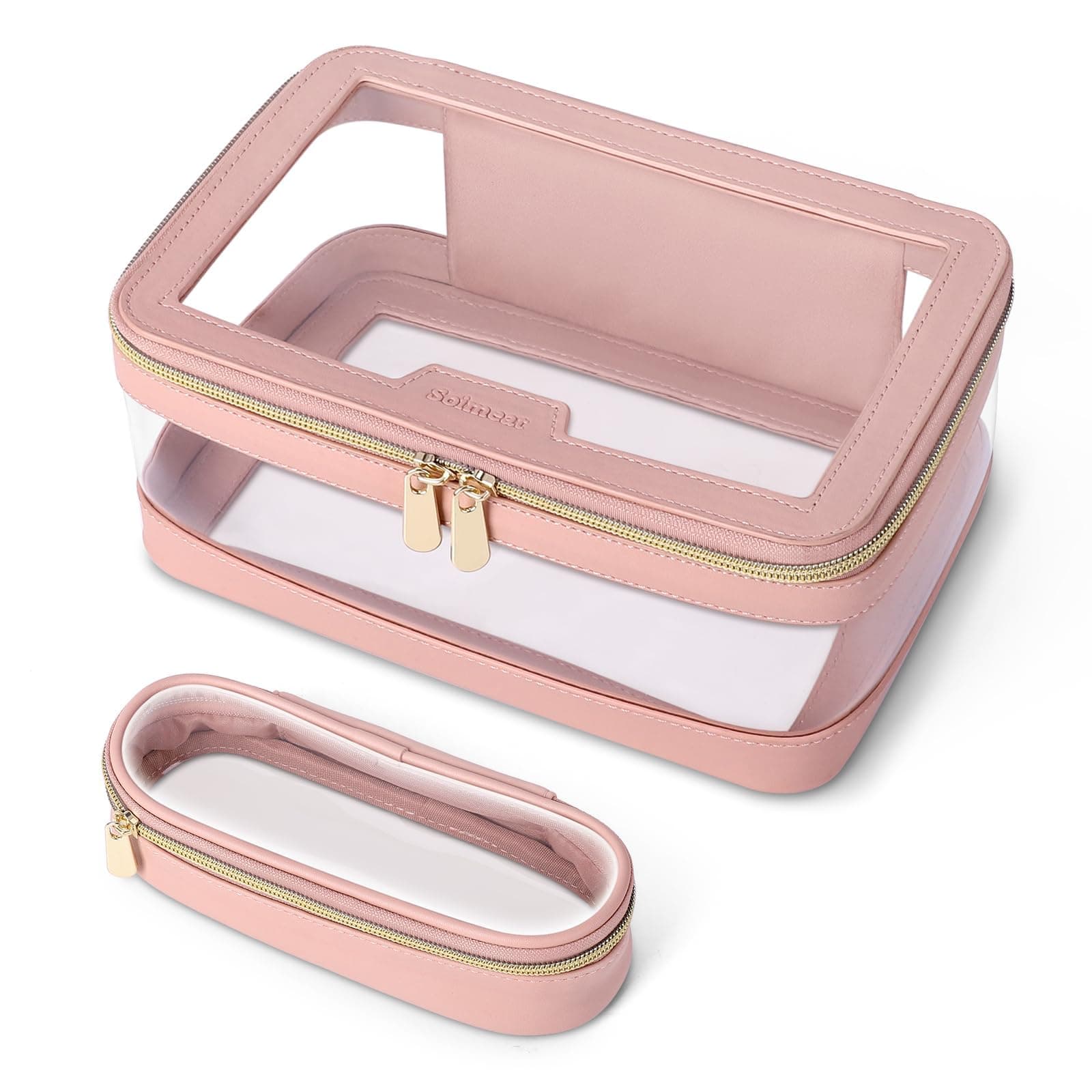Clear Makeup Bag with Makeup Brush Bag, Leather Makeup Case Toiletry Bag, Portable Cosmetic Bag Case, Transparent Waterproof Cosmetic Organizer Storage Bag, Pink, 1 Bag+brush Bag