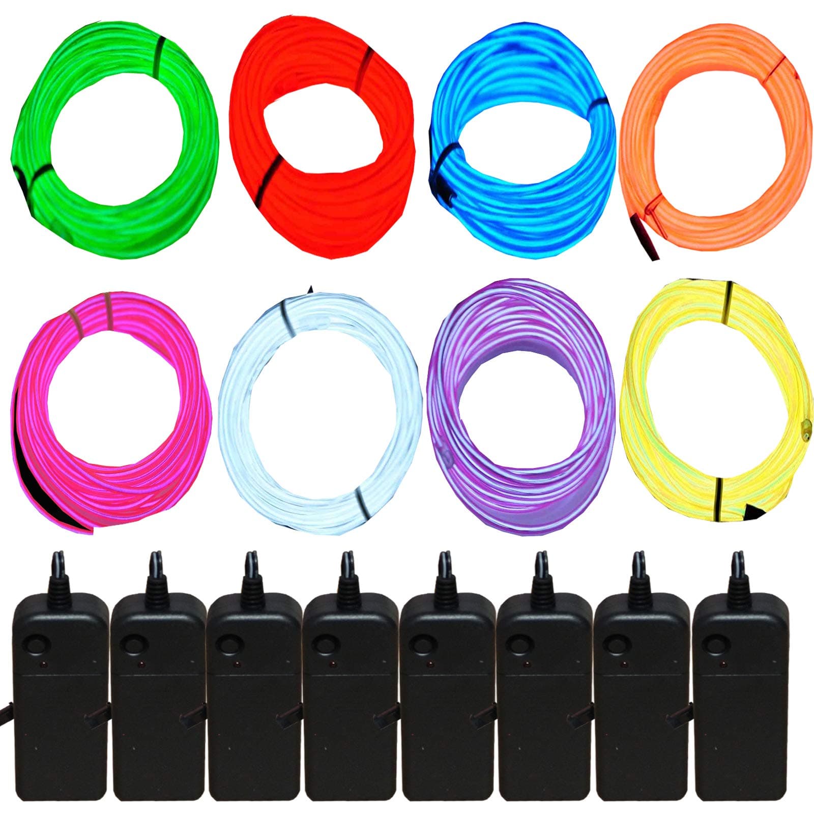 15ft Neon Light El Wire with Battery Pack (8 Pack - Blue, Green, Red, White, Orange, Purple, Pink, Yellow)
