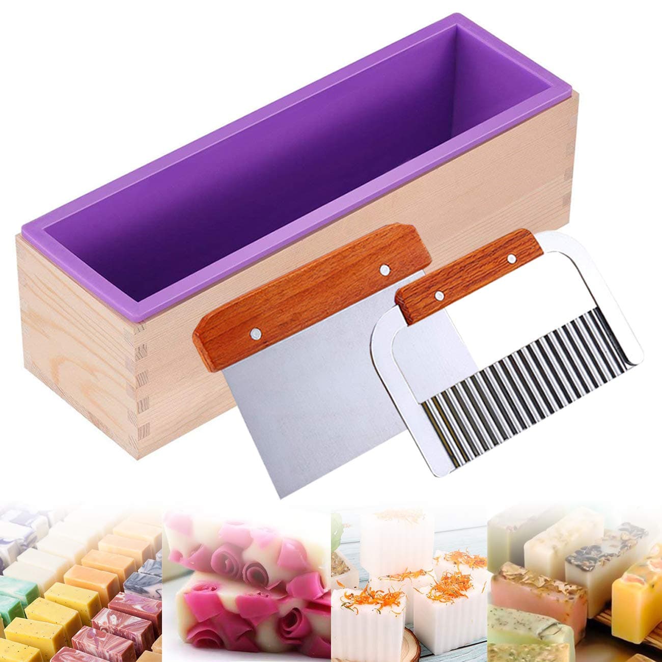 Ogrmar Silicone Soap Molds Kit-42 oz Wooden Silicone Rectangular Mold with Stainless Steel Wavy & Straight Scraper for Soap Cake Making (Purple)