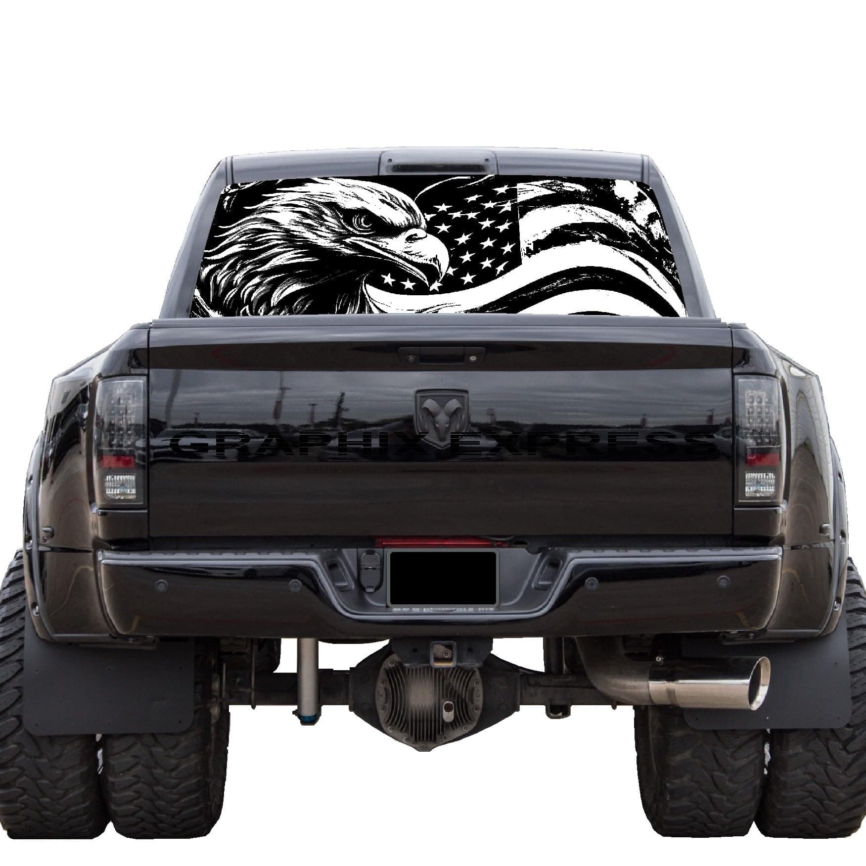 GRAPHIX EXPRESS Truck Back Window Graphics (P538 American Flag Eagle) Universal See Through Rear Window Vinyl Wrap - Full Window Decals for Trucks - Truck Window Decals
