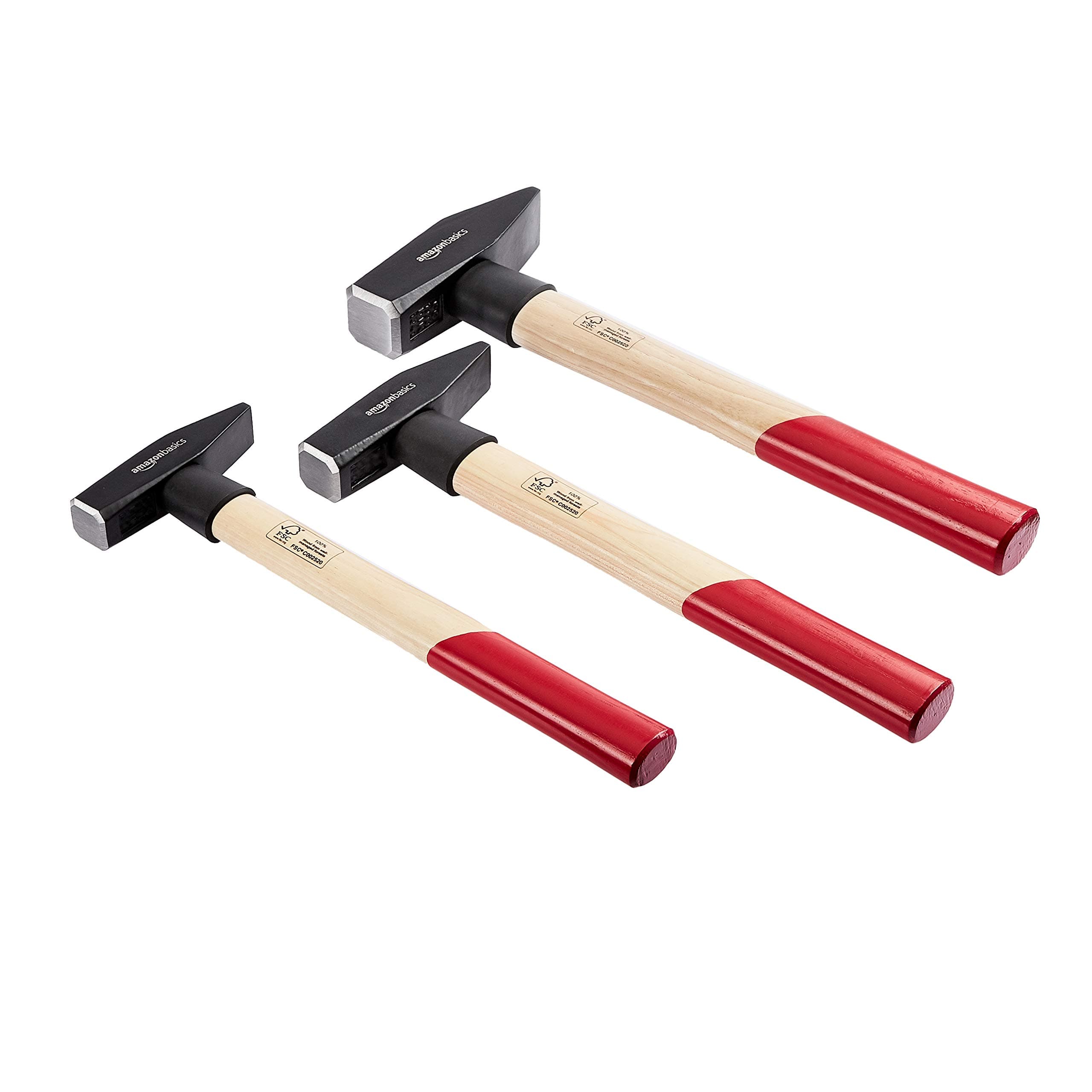Amazon Basics Engineer's Hickory Wooden Handle Hammer Set, 3 Pieces, 300g, 500g, 1000g